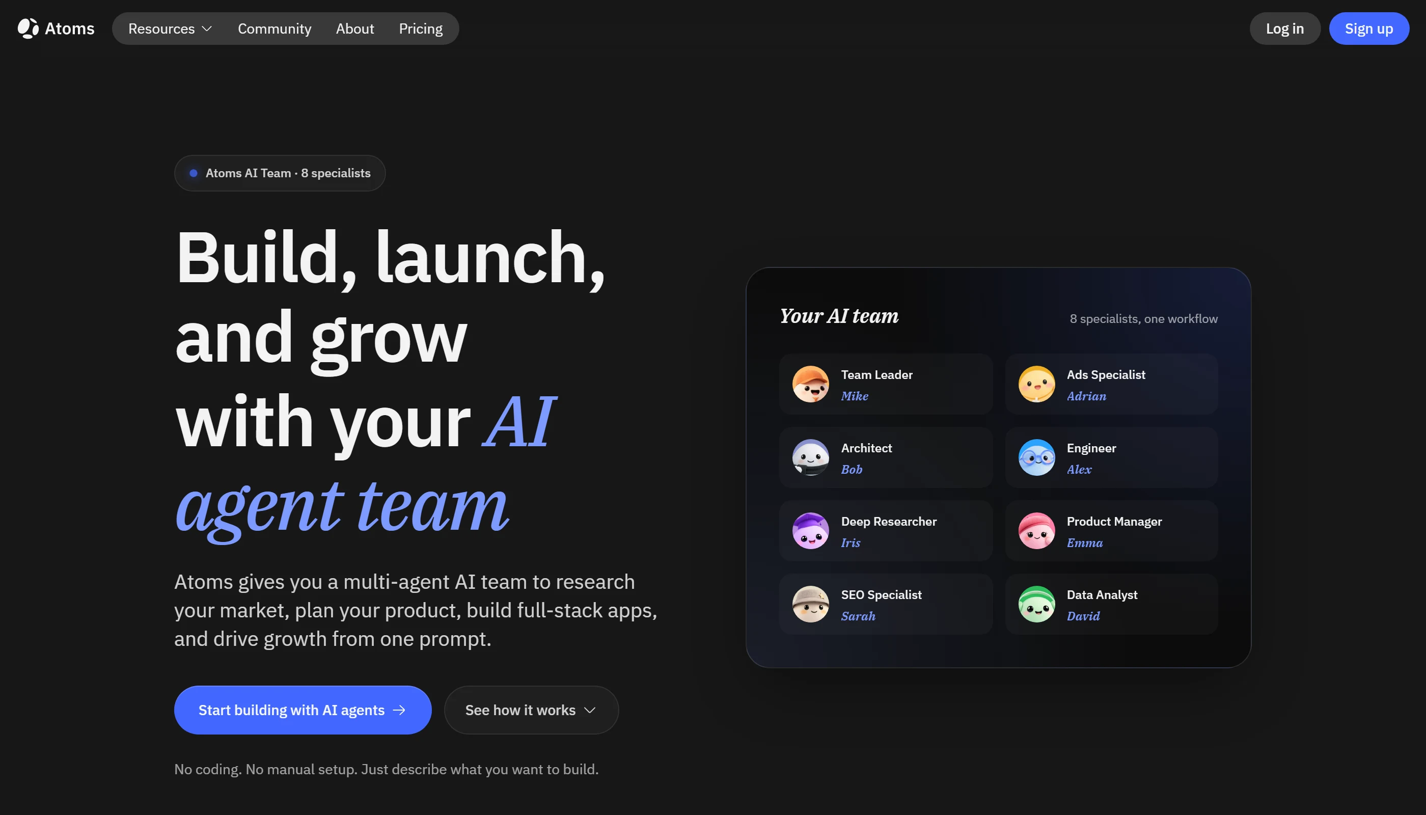The Atoms AI Agents page listing eight named specialists: Team Leader, Ads Specialist, Architect, Engineer, Deep Researcher, Product Manager, SEO Specialist and Data Analyst.