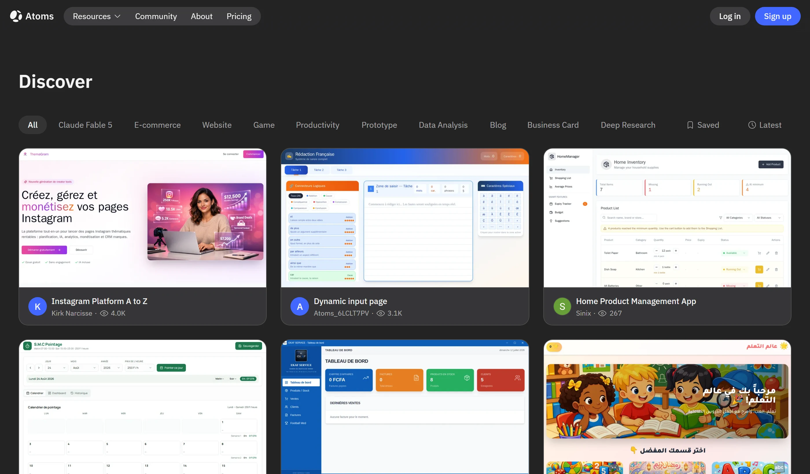 The Atoms Discover gallery showing real user projects with view counts, including an Instagram creator platform in French, a home inventory app and an Arabic children's learning site.