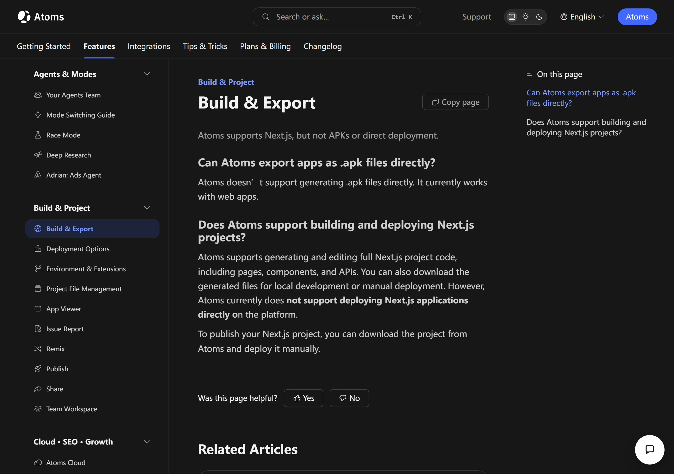 Atoms' Build and Export help article stating that Atoms does not support generating .apk files and does not deploy Next.js applications on the platform.