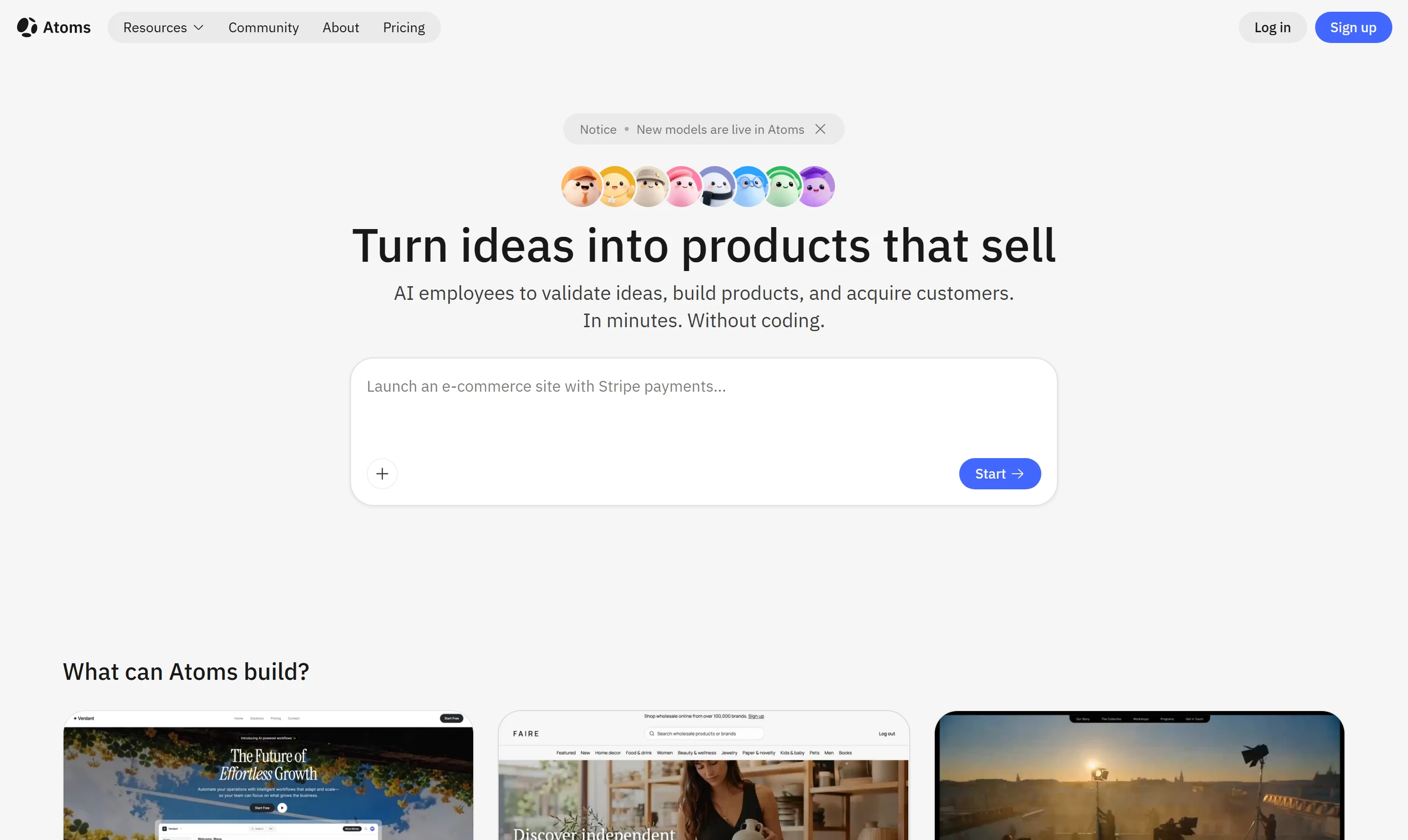 The Atoms home page: a single prompt box under the heading Turn ideas into products that sell, with eight AI agent avatars above it.
