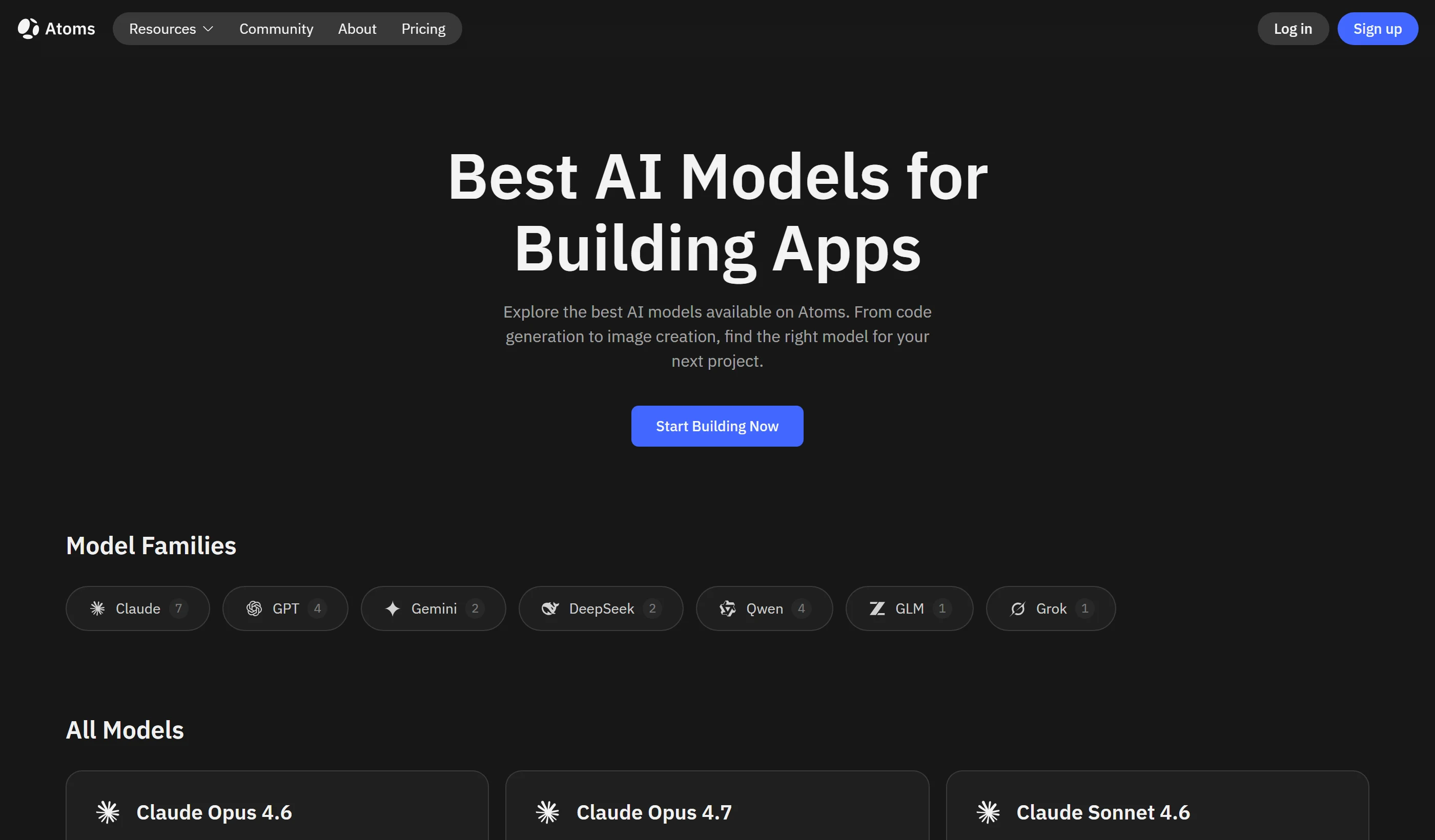 The Atoms Models page listing model cards without plan availability or credit cost.