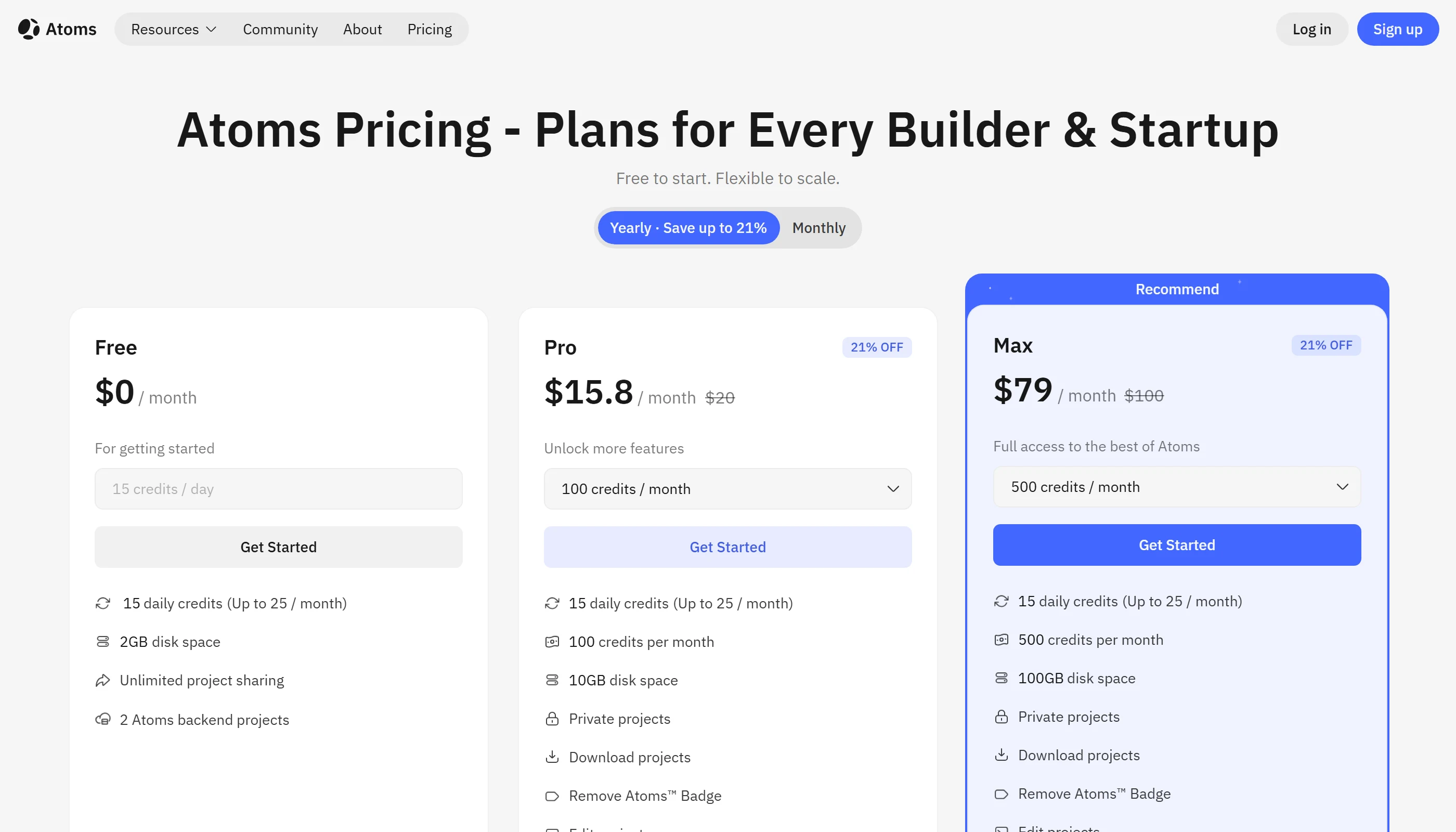 The Atoms pricing page showing Free, Pro and Max plans with the Yearly toggle selected.
