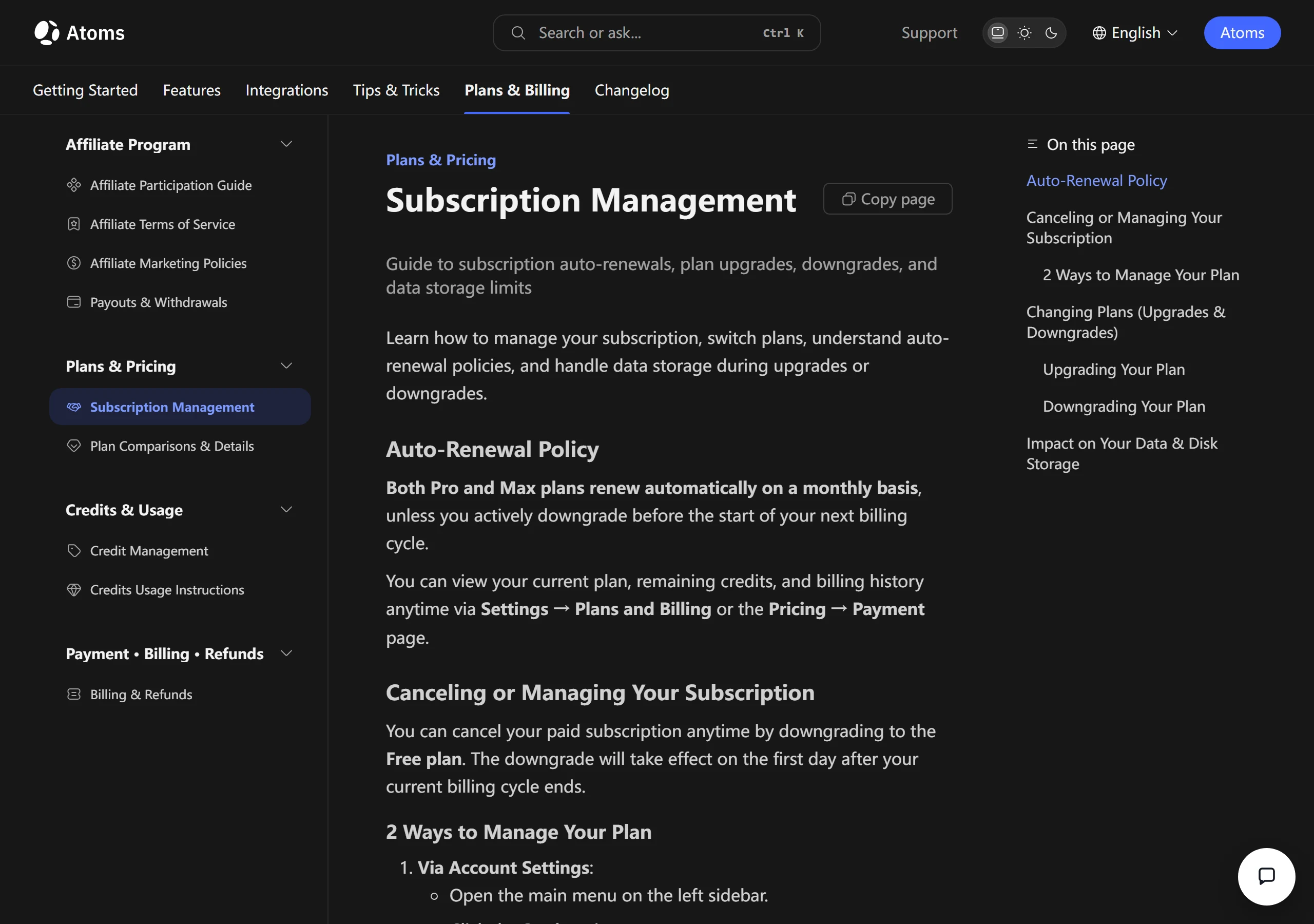 Atoms' Subscription Management help article covering upgrades, downgrades, cancellation and billing cycles.