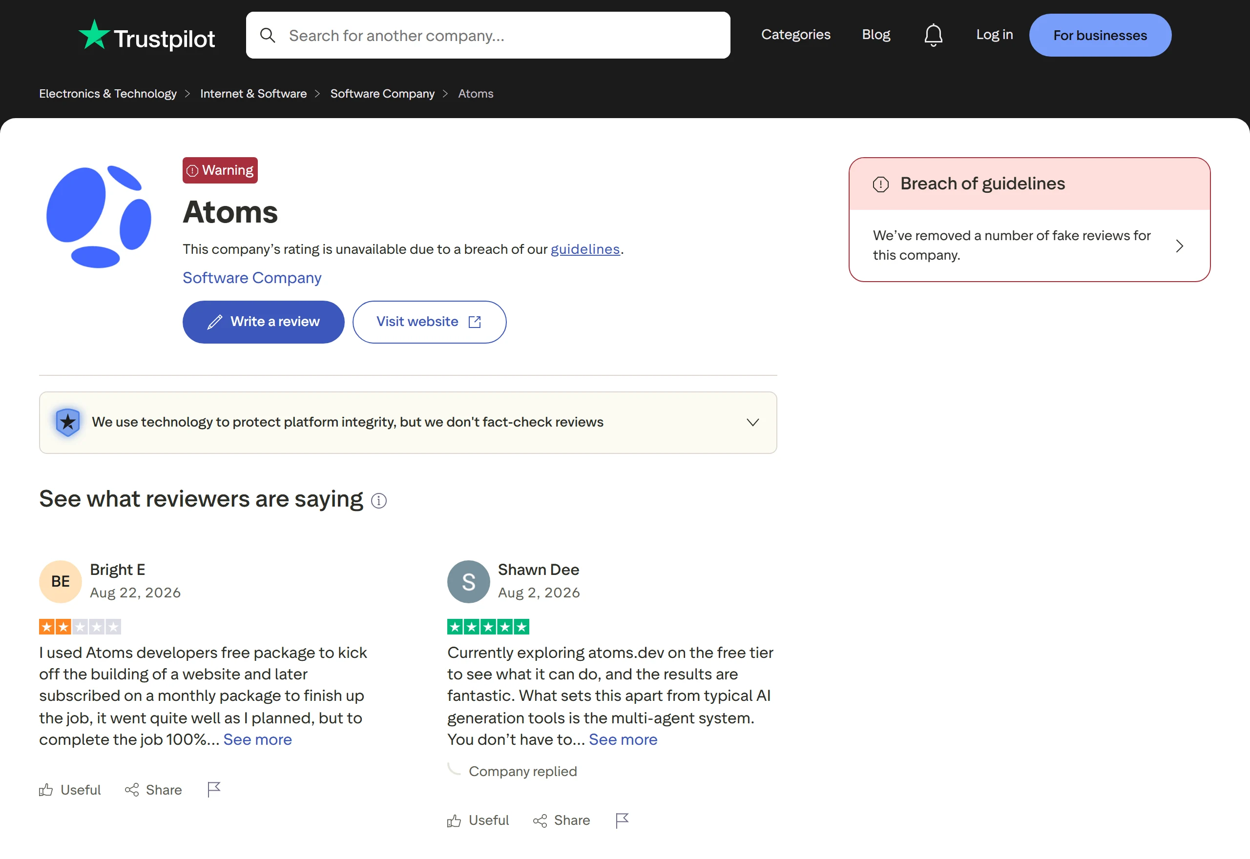 Atoms' Trustpilot page showing a warning that the company's rating is unavailable due to a breach of guidelines, and a notice that fake reviews were removed.