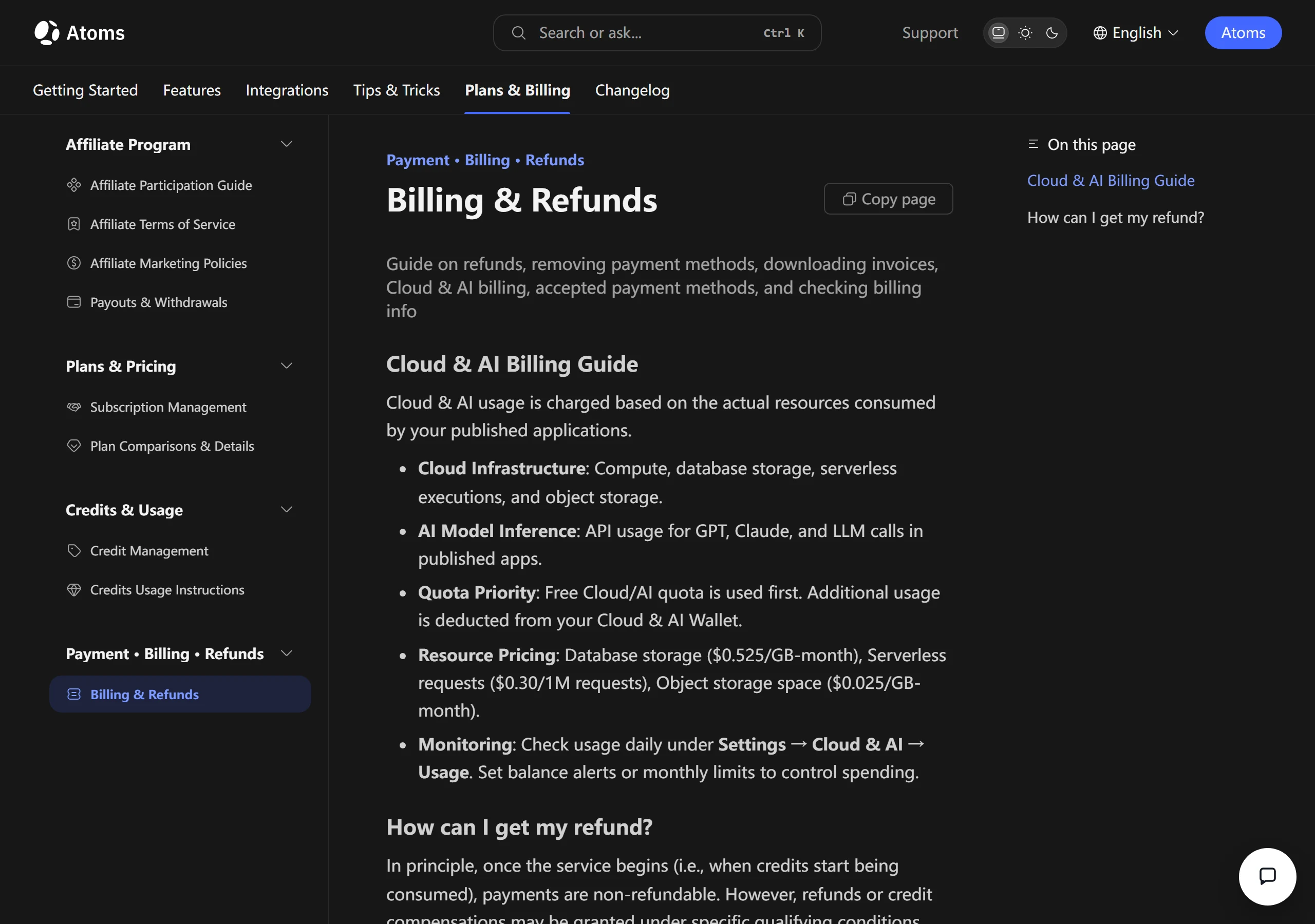Atoms' Billing and Refunds help article, showing the Cloud and AI Billing Guide with three resource prices and the refund policy.