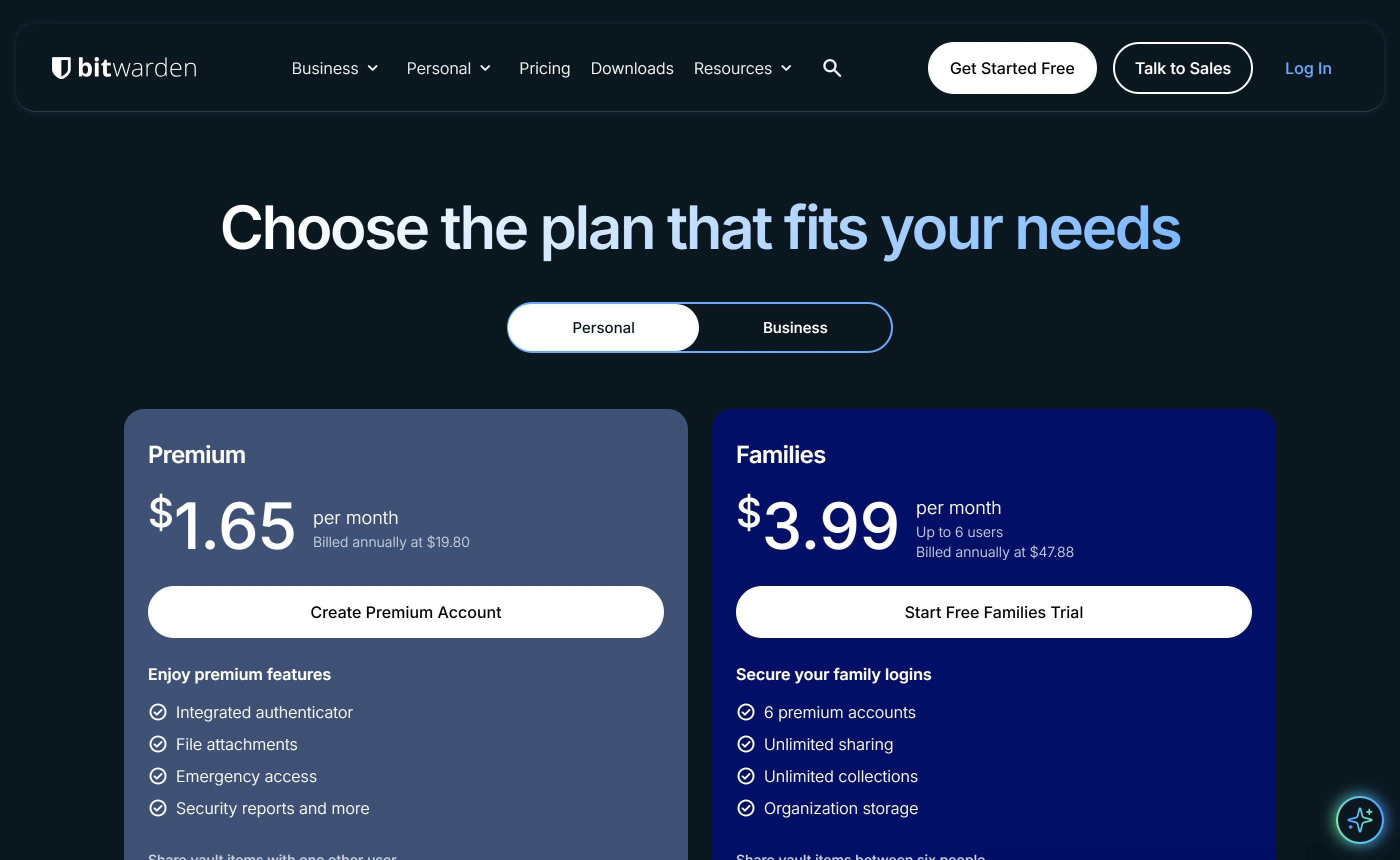 Bitwarden personal pricing: Premium $1.65 per month billed annually at $19.80, and Families $3.99 per month for up to 6 users billed annually at $47.88.