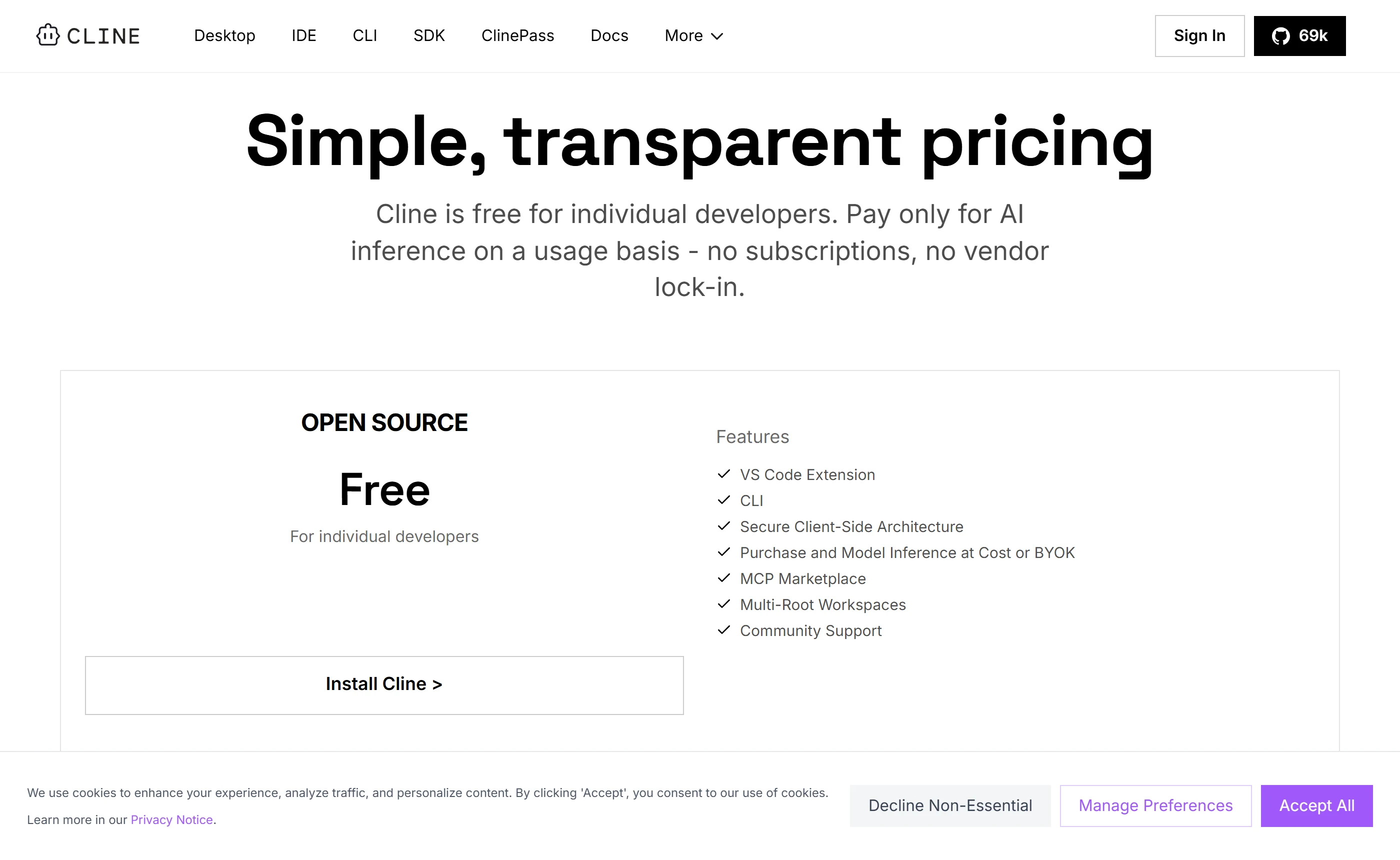 Cline pricing page headed Simple, transparent pricing, with an Open Source tier marked Free for individual developers and the line Pay only for AI inference on a usage basis.