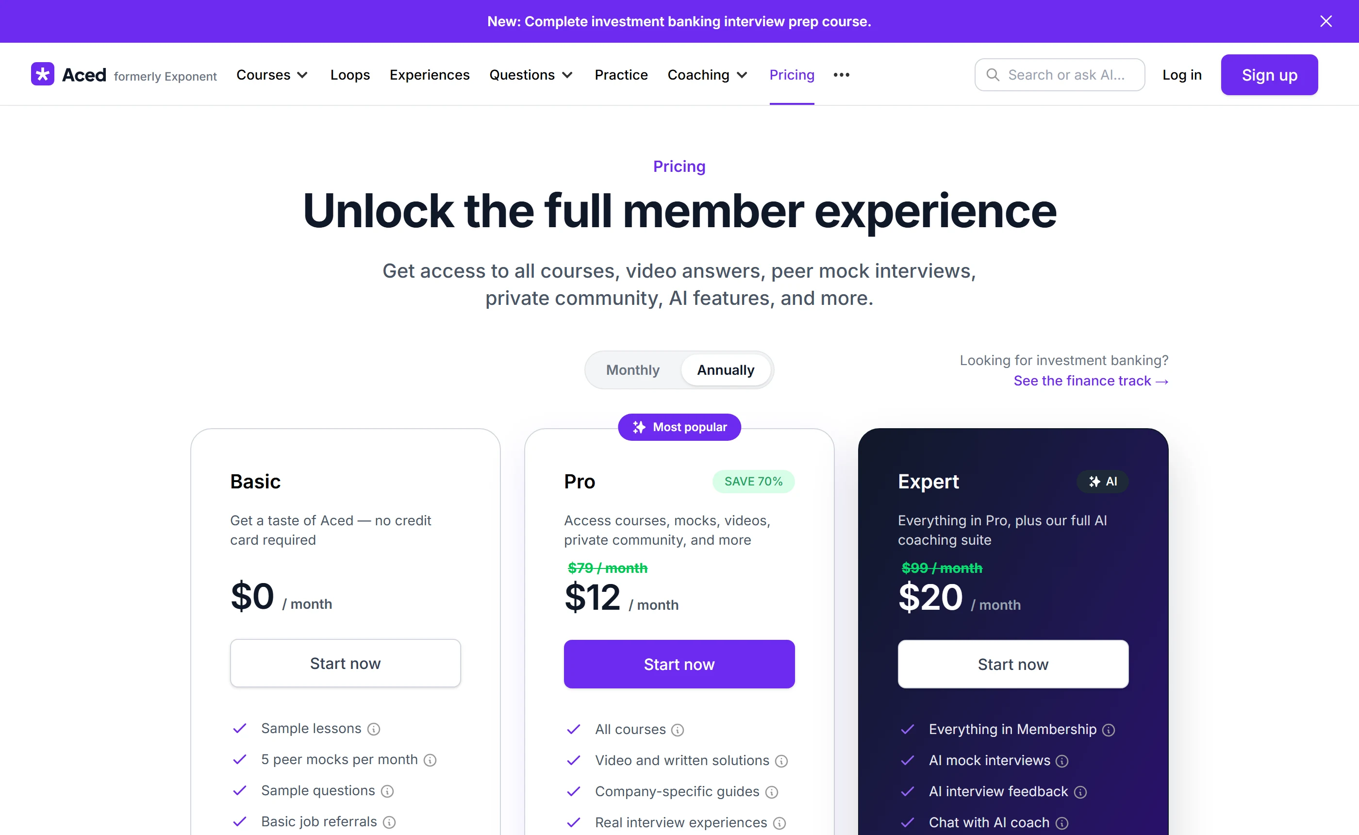 The pricing page of Aced, formerly Exponent: Basic $0 a month, Pro $12 a month reduced from $79 and marked most popular, and Expert $20 a month reduced from $99, on the Annually toggle.