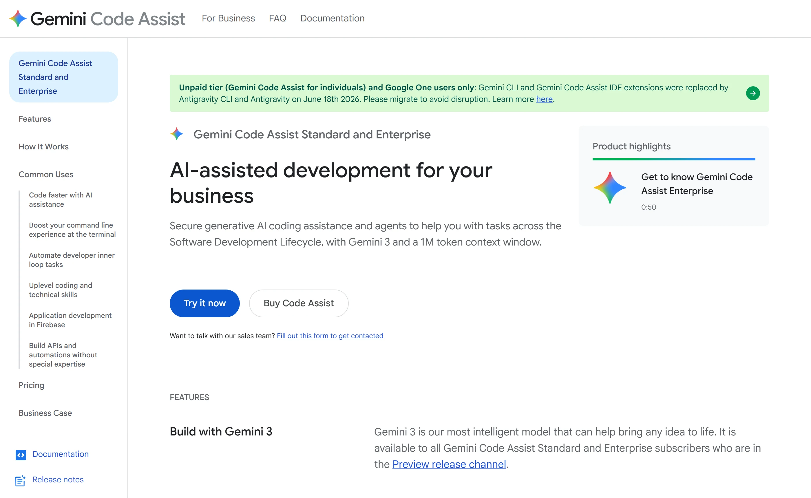 Gemini Code Assist for Business page describing AI-assisted development with Gemini 3 and a 1M token context window, with a notice that Gemini CLI and the IDE extensions were replaced by Antigravity on 18 June 2026.