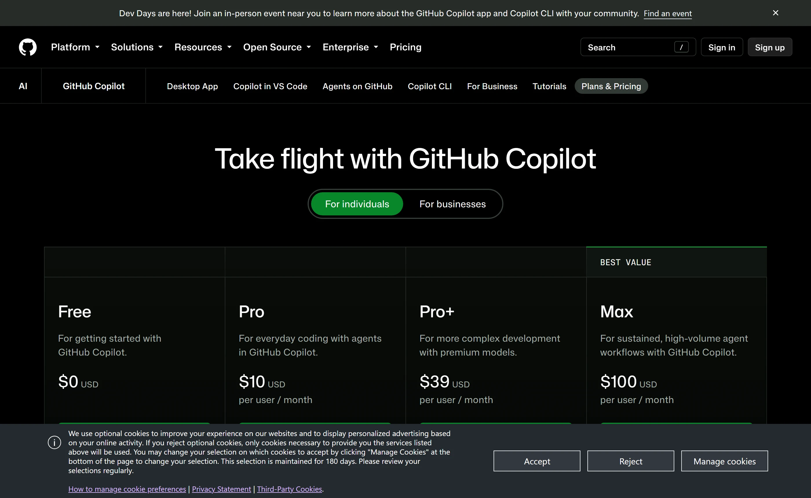 GitHub Copilot plans for individuals: Free at $0, Pro at $10, Pro+ at $39 and Max at $100, all per user per month.