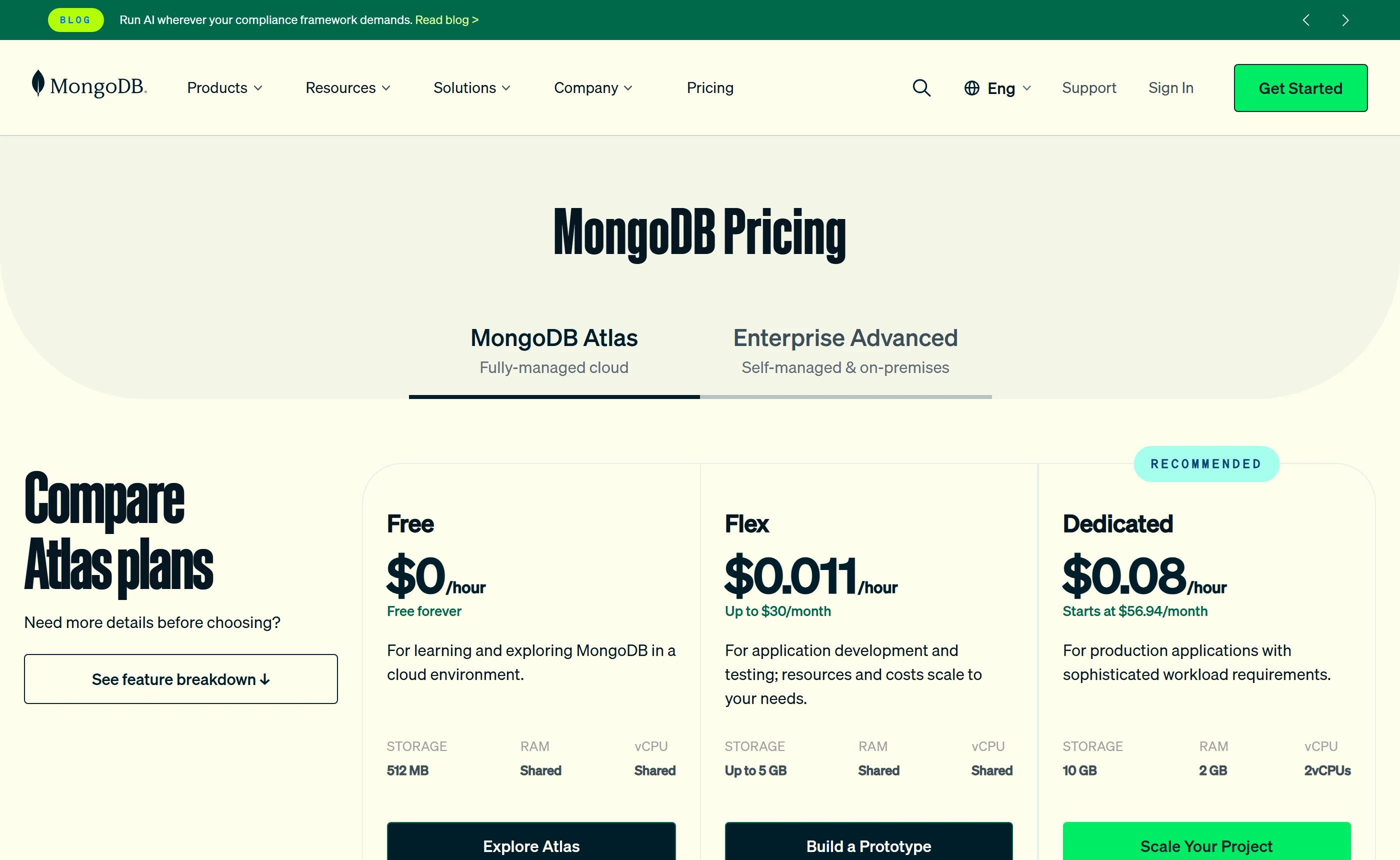 MongoDB Atlas plan comparison: Free at $0 an hour, Flex at $0.011 an hour up to $30 a month, and Dedicated from $0.08 an hour starting at $56.94 a month.