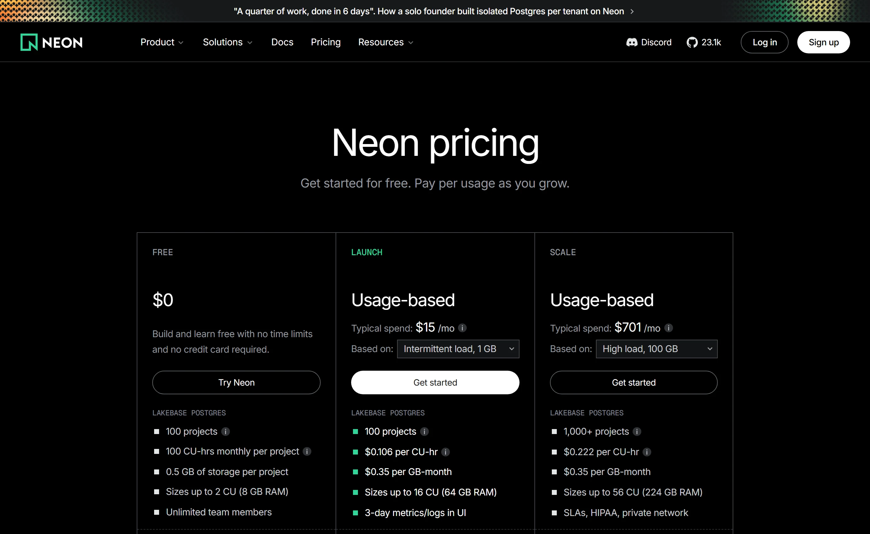 Neon pricing: a Free tier at $0, Launch and Scale tiers priced as usage-based with a typical spend estimate, and published rates of $0.106 and $0.222 per compute-hour and $0.35 per GB-month.