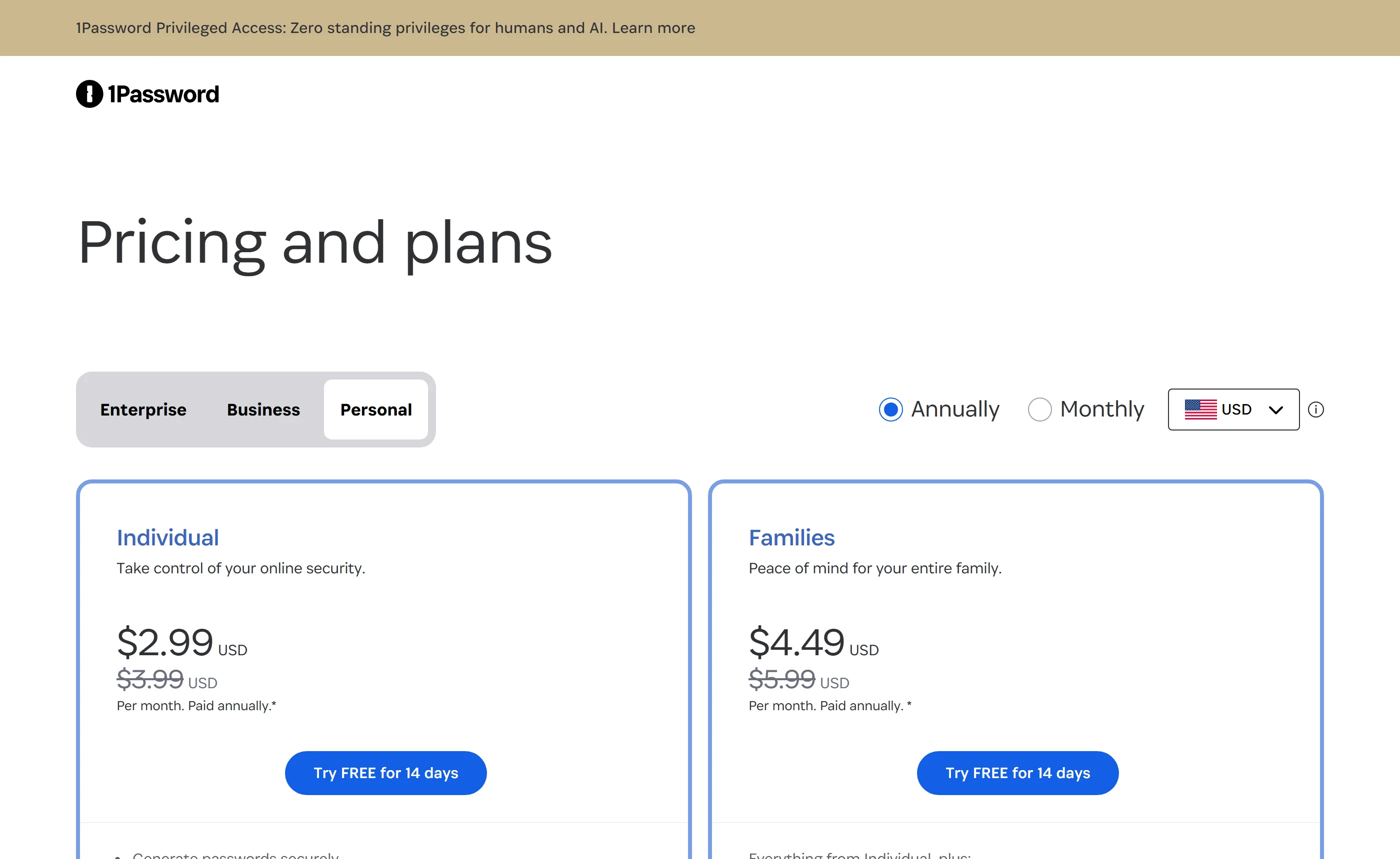 1Password personal pricing with the Annually toggle selected: Individual $2.99 USD per month reduced from $3.99, and Families $4.49 reduced from $5.99, both paid annually.