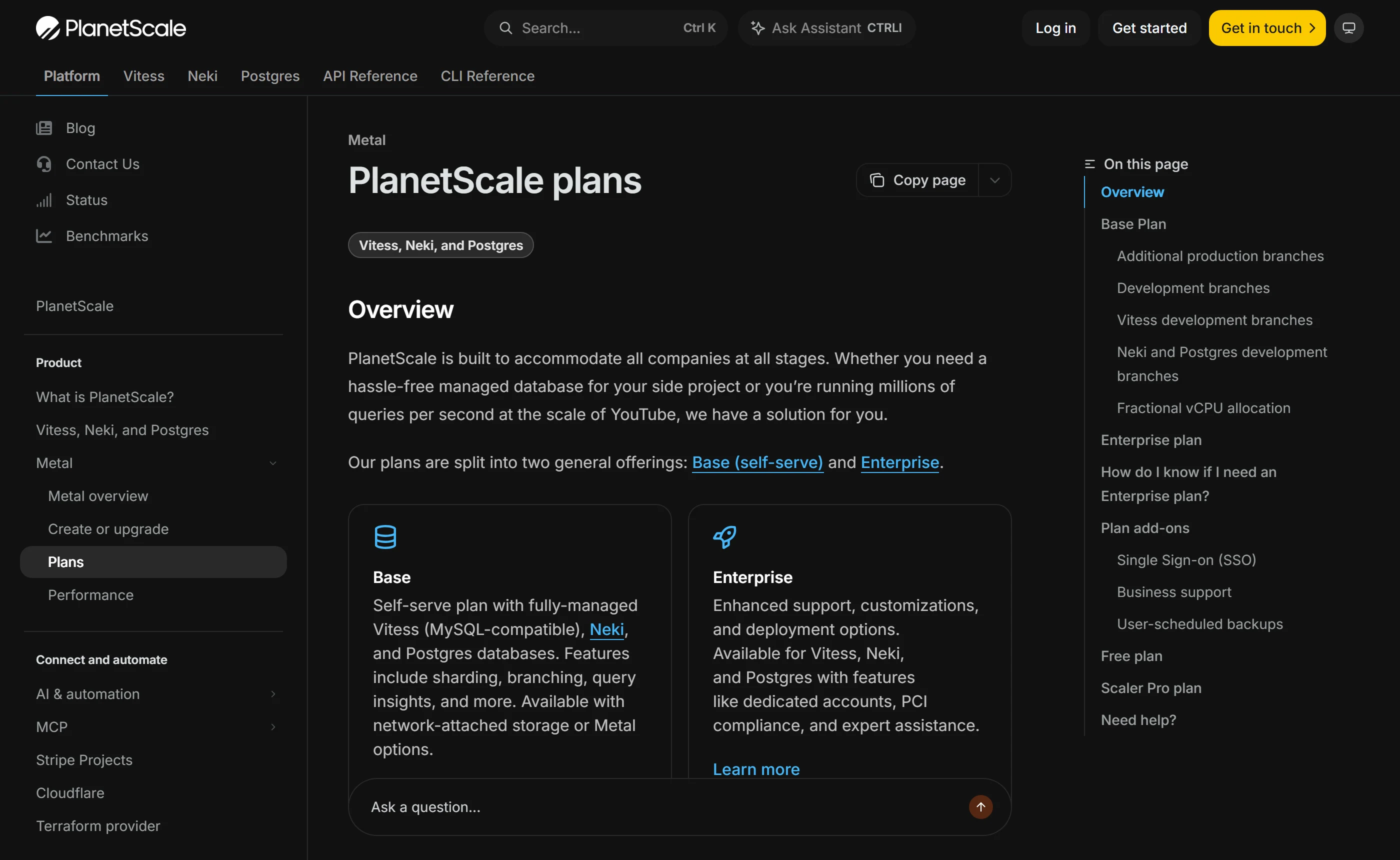 The PlanetScale plans documentation page describing the split between the Base self-serve plan and Enterprise, with a contents list covering production branches, development branches and fractional vCPU allocation.