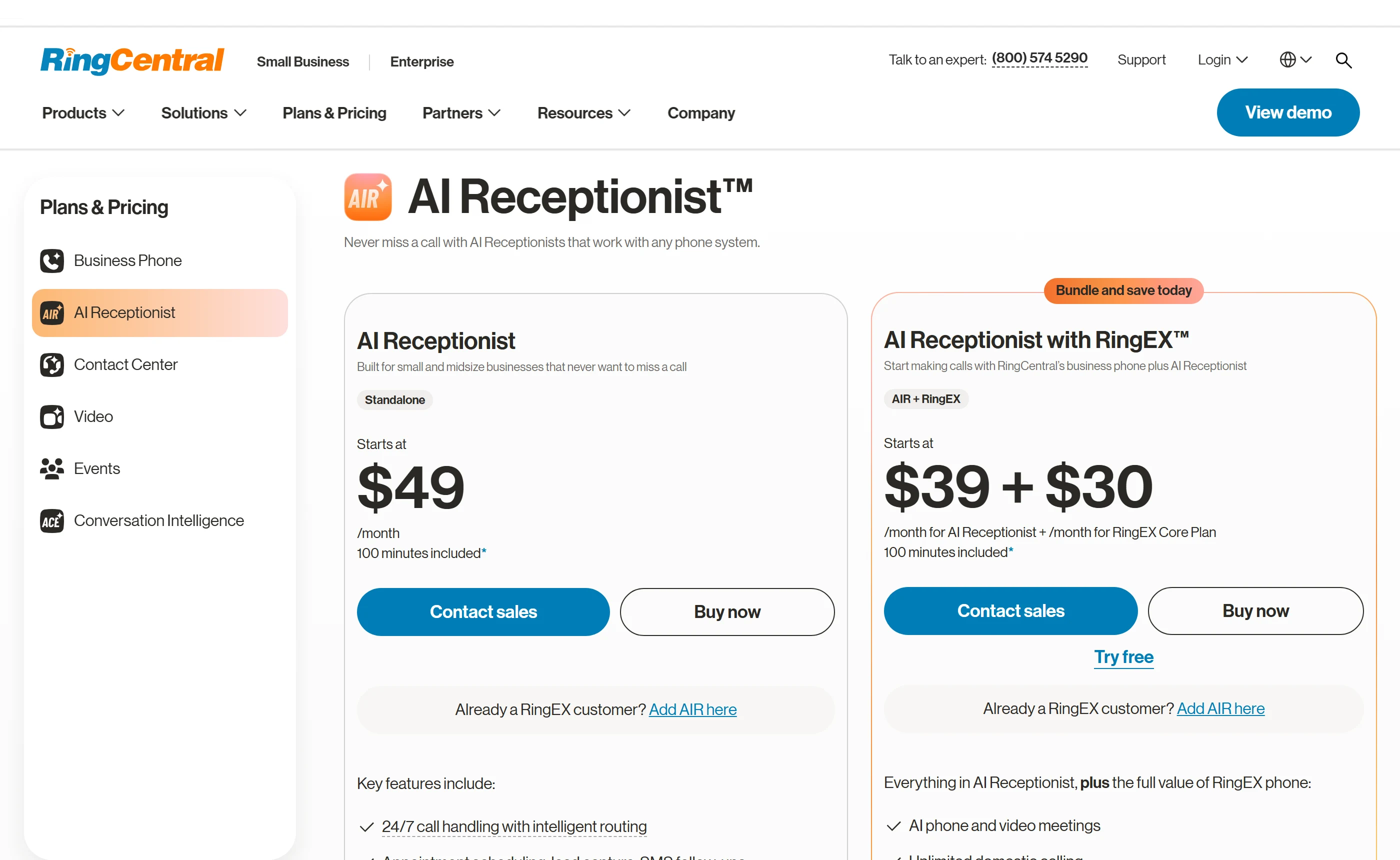 RingCentral AI Receptionist pricing: a standalone plan starting at $49 a month with 100 minutes included, and a bundle with the RingEX phone plan at $39 plus $30 a month.