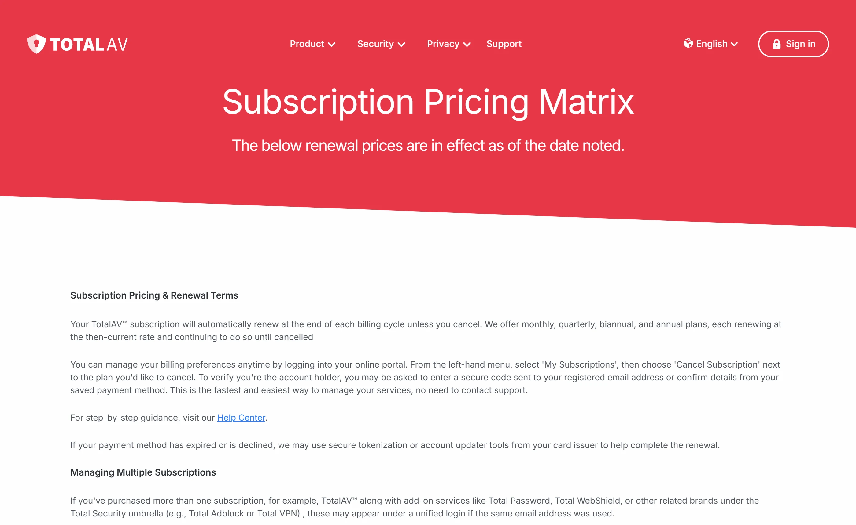 TotalAV Subscription Pricing Matrix page, headed with the line The below renewal prices are in effect as of the date noted, above its subscription and renewal terms.