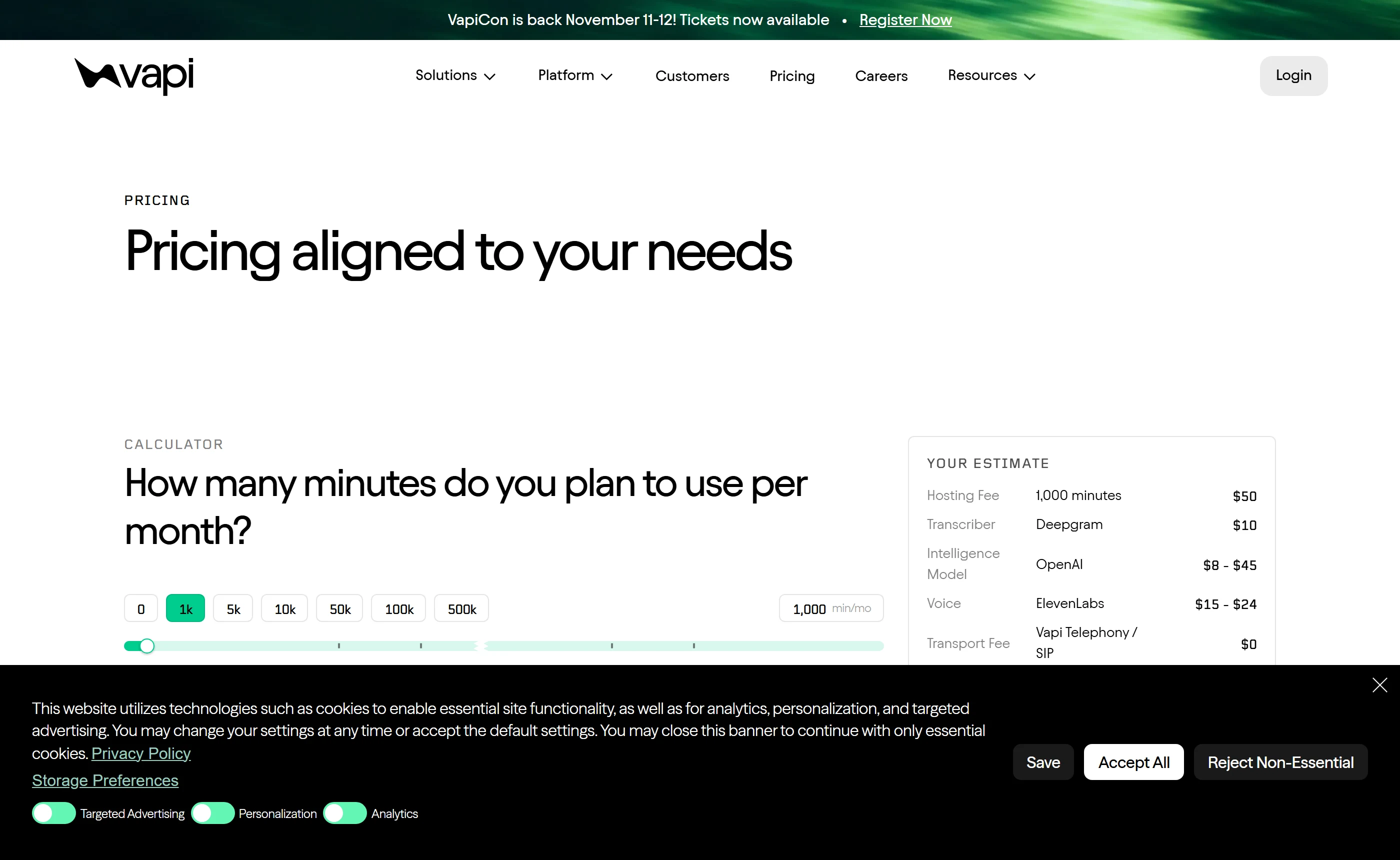 The Vapi pricing calculator set to 1,000 minutes a month, itemising a $50 hosting fee, $10 for the Deepgram transcriber, $8 to $45 for the OpenAI model, $15 to $24 for the ElevenLabs voice and $0 transport.