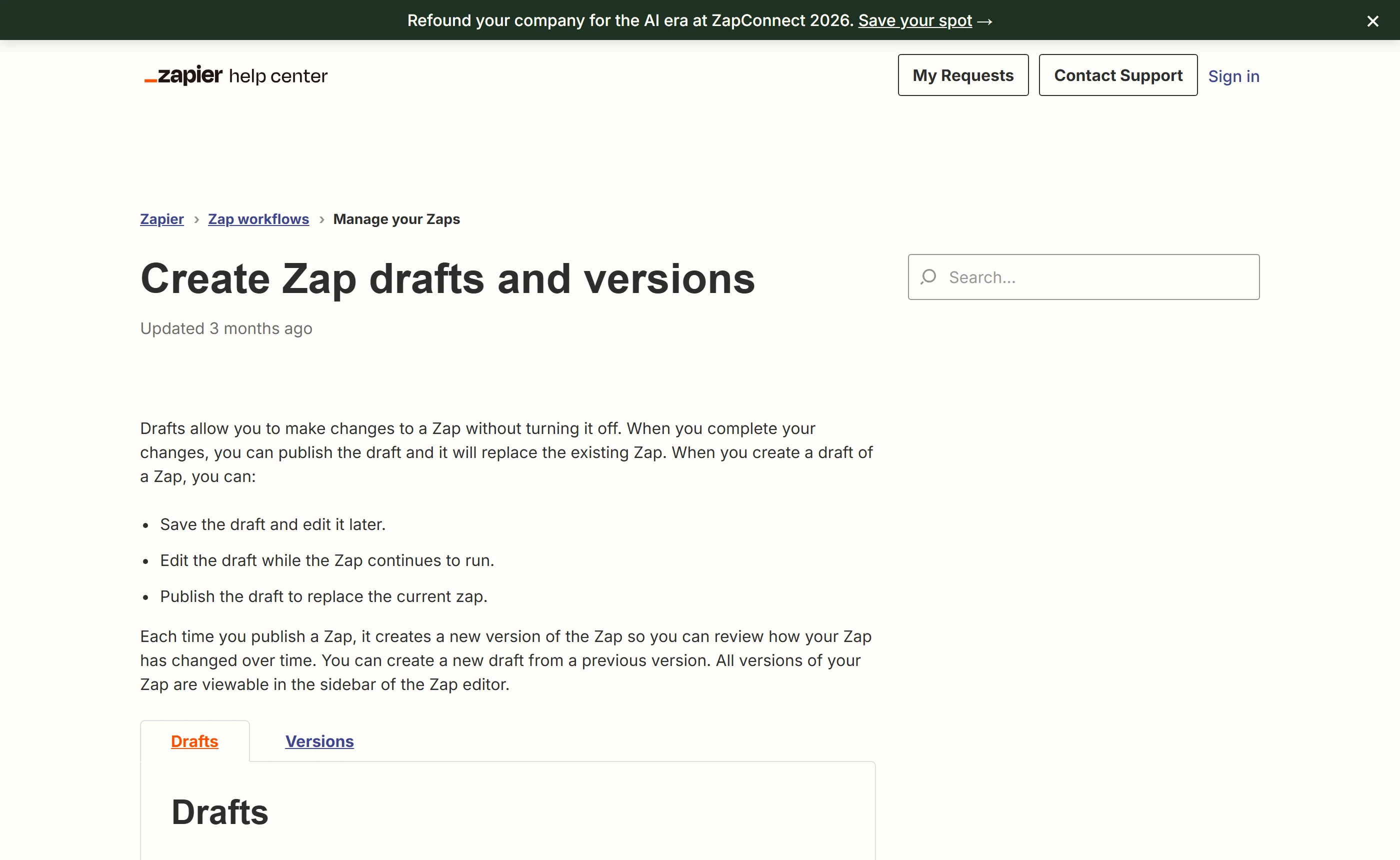 The Zapier help centre article Create Zap drafts and versions, explaining that each published Zap creates a new version reviewable in the editor sidebar.