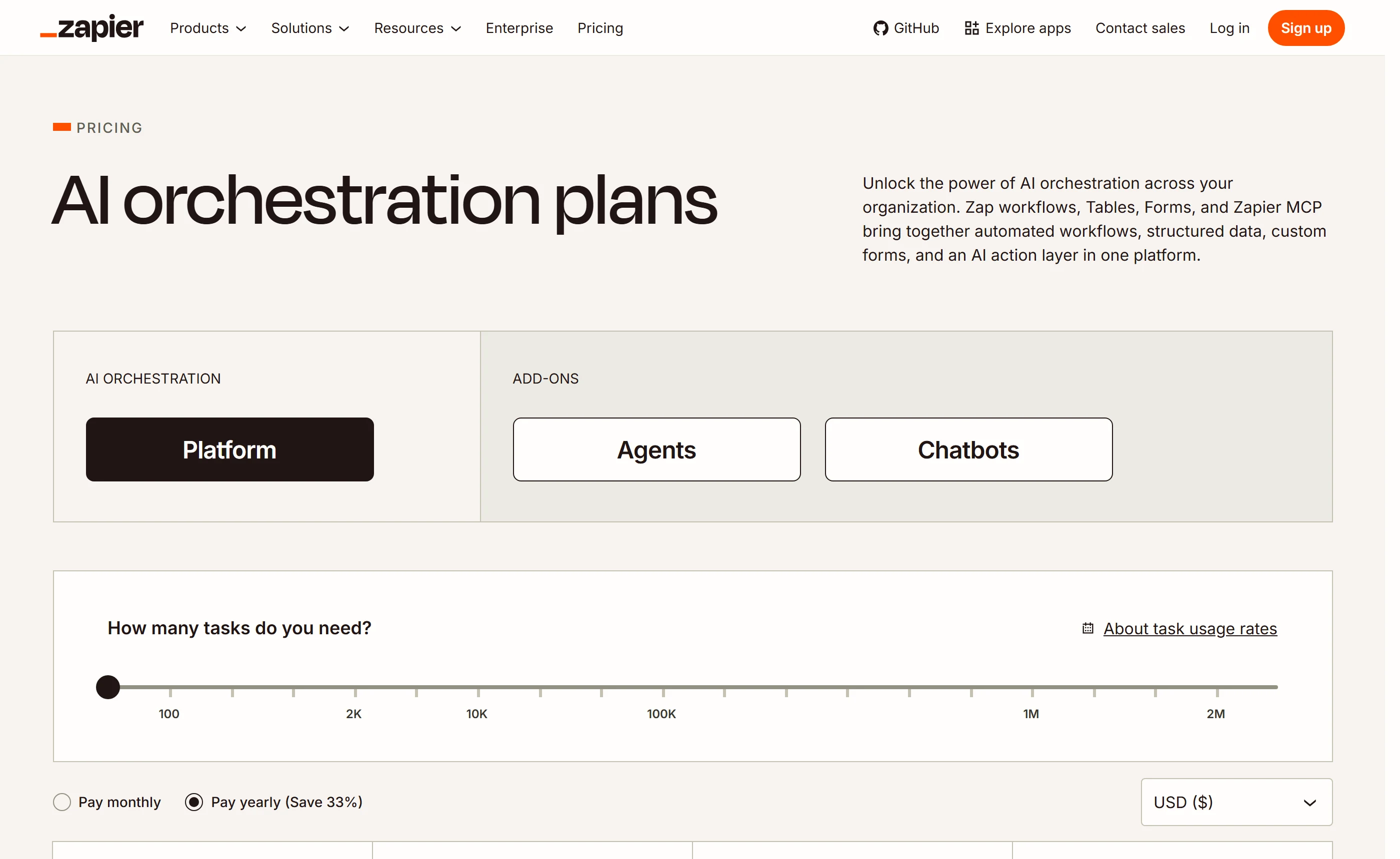 The Zapier pricing page for AI orchestration plans, with a slider for how many tasks you need running from 100 to over 2 million and a Pay yearly option marked Save 33 percent.