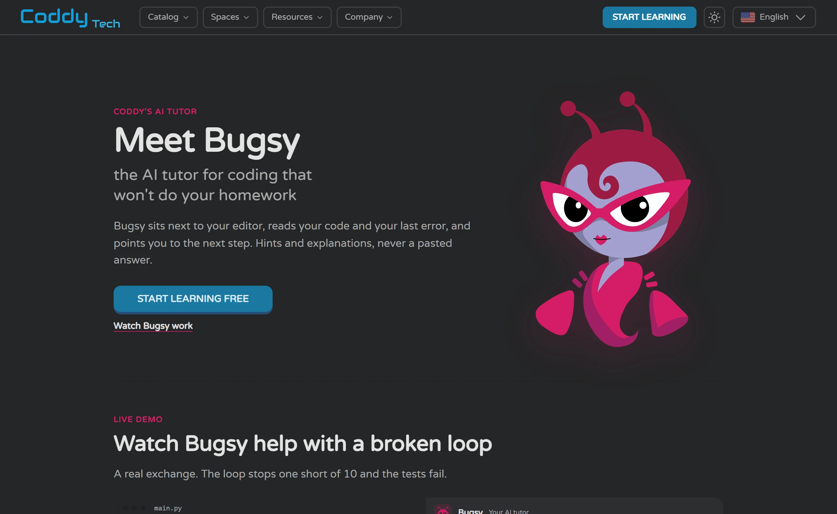 Coddy’s AI tutor page: Meet Bugsy, the AI tutor for coding that won’t do your homework, with a pink bug mascot and a section headed Watch Bugsy help with a broken loop.