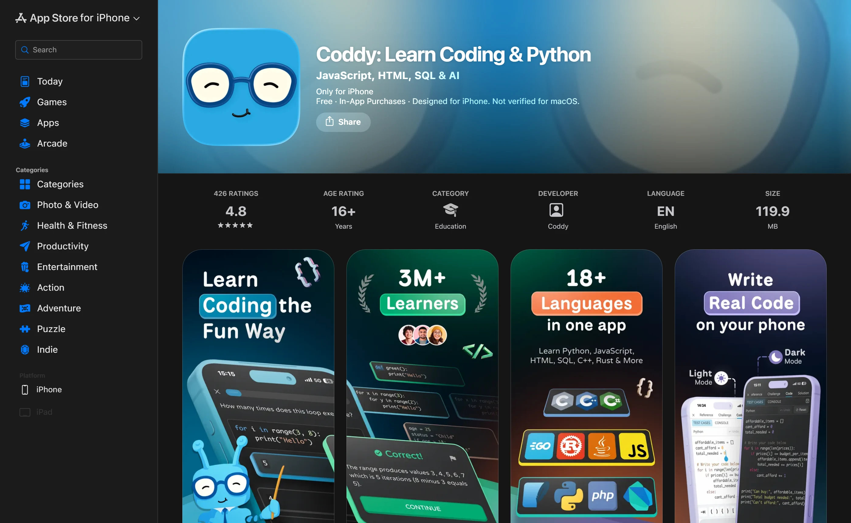 The US App Store listing for Coddy: Learn Coding & Python, showing 426 ratings, a 4.8 average, age rating 16+, developer Coddy, 119.9 MB, and four marketing screenshots.