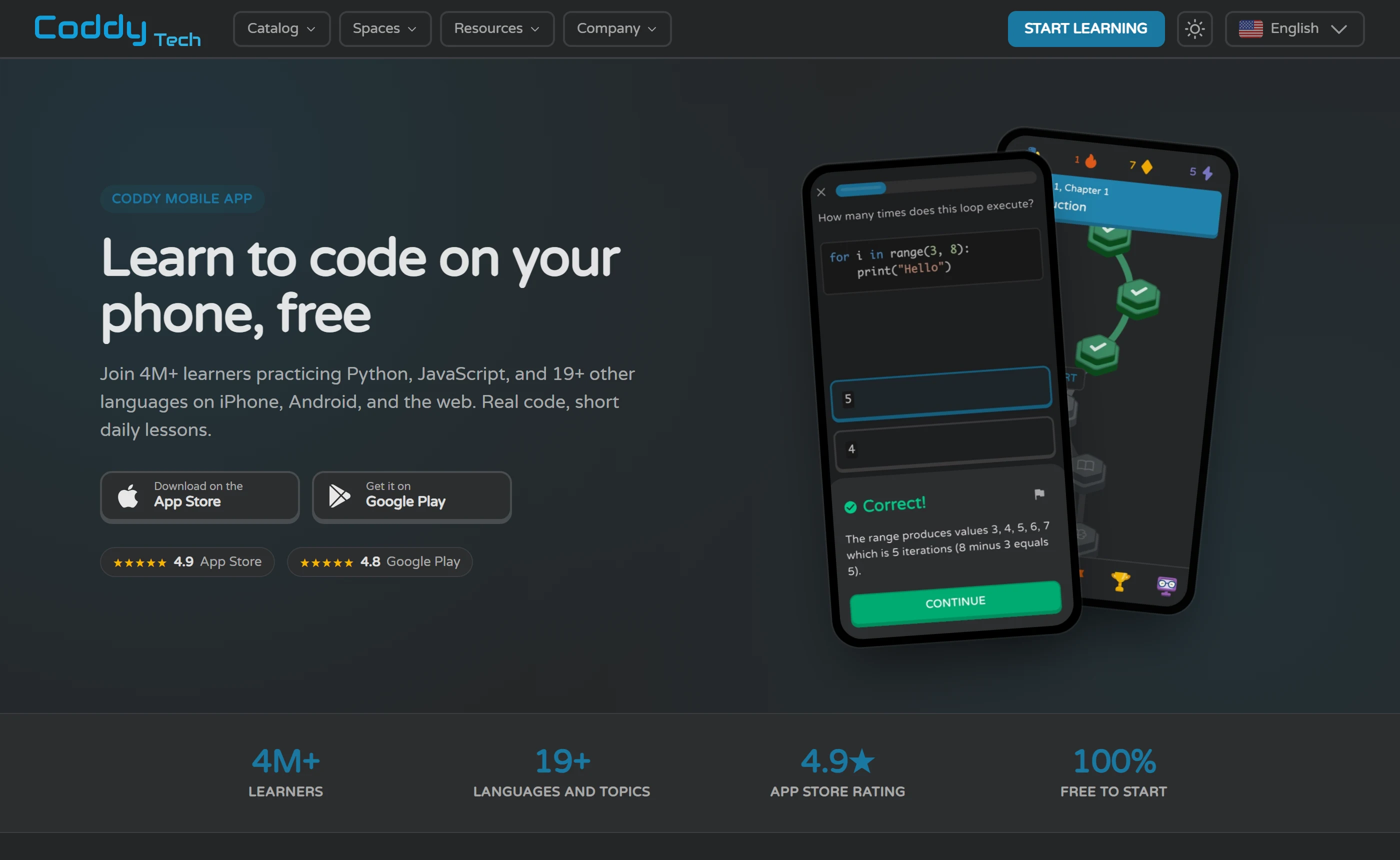 Coddy’s mobile app page: Learn to code on your phone, free, with App Store and Google Play buttons, badges reading 4.9 App Store and 4.8 Google Play, and counters for 4M+ learners and 19+ languages and topics.