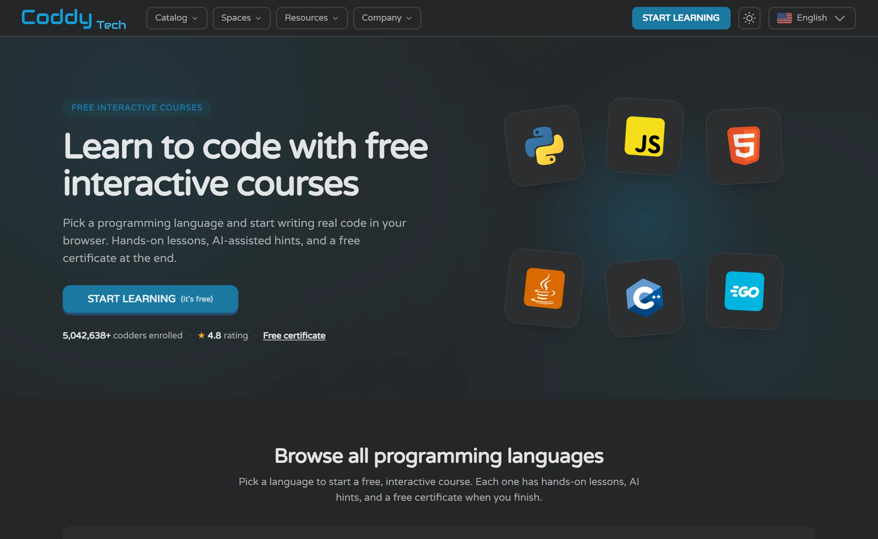 Coddy’s catalog page headed Learn to code with free interactive courses, with tiles for Python, JavaScript, HTML, Java, C++ and Go, and a line reading 5,042,638+ codders enrolled, 4.8 rating, Free certificate.