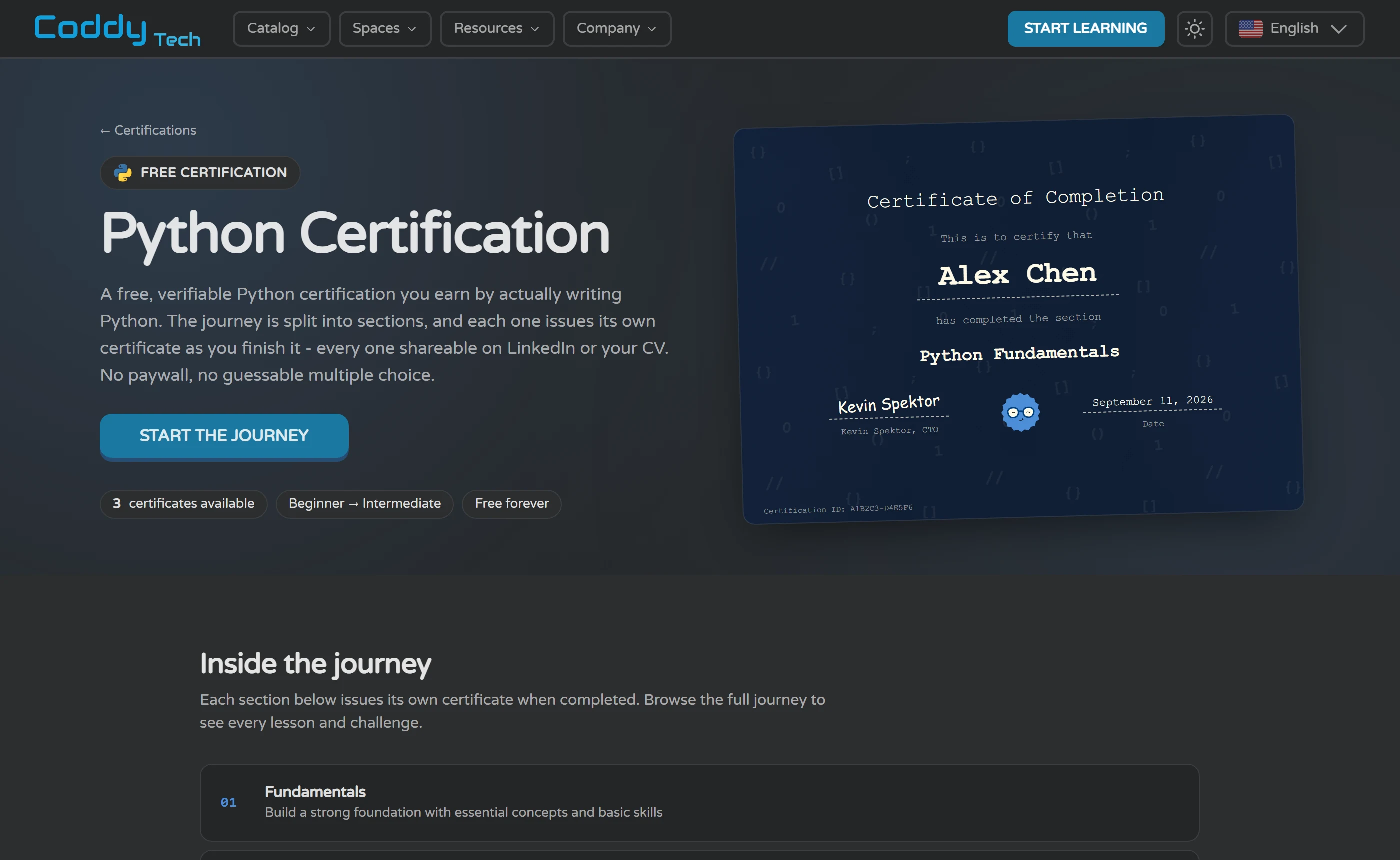 Coddy’s Python certification page stating that the journey is split into sections and each one issues its own certificate, with chips reading 3 certificates available, Beginner to Intermediate, Free forever.