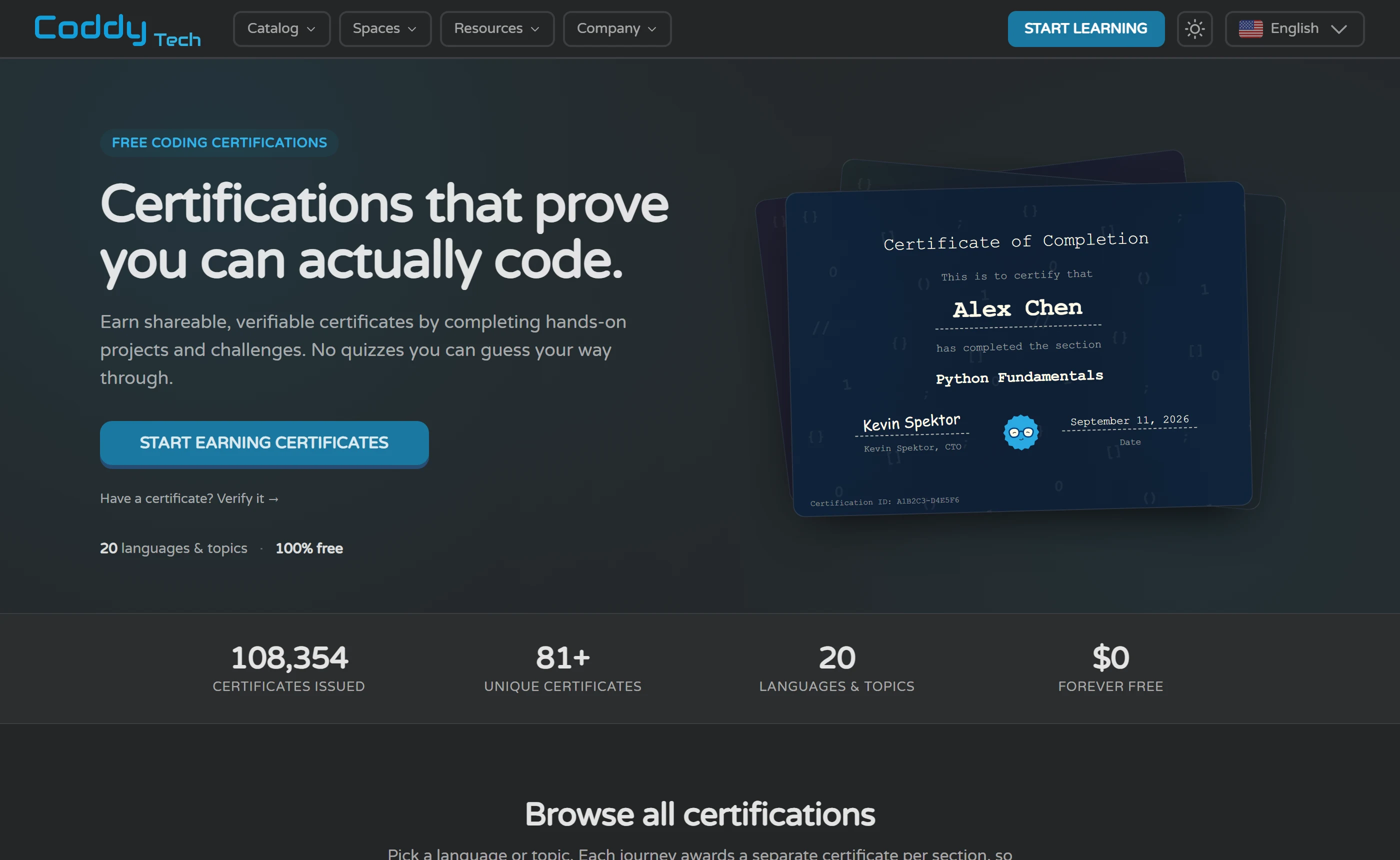Coddy’s certifications page: Certifications that prove you can actually code, a sample Certificate of Completion for the section Python Fundamentals, and counters reading 108,354 certificates issued, 81+ unique certificates, 20 languages and topics, $0 forever free.