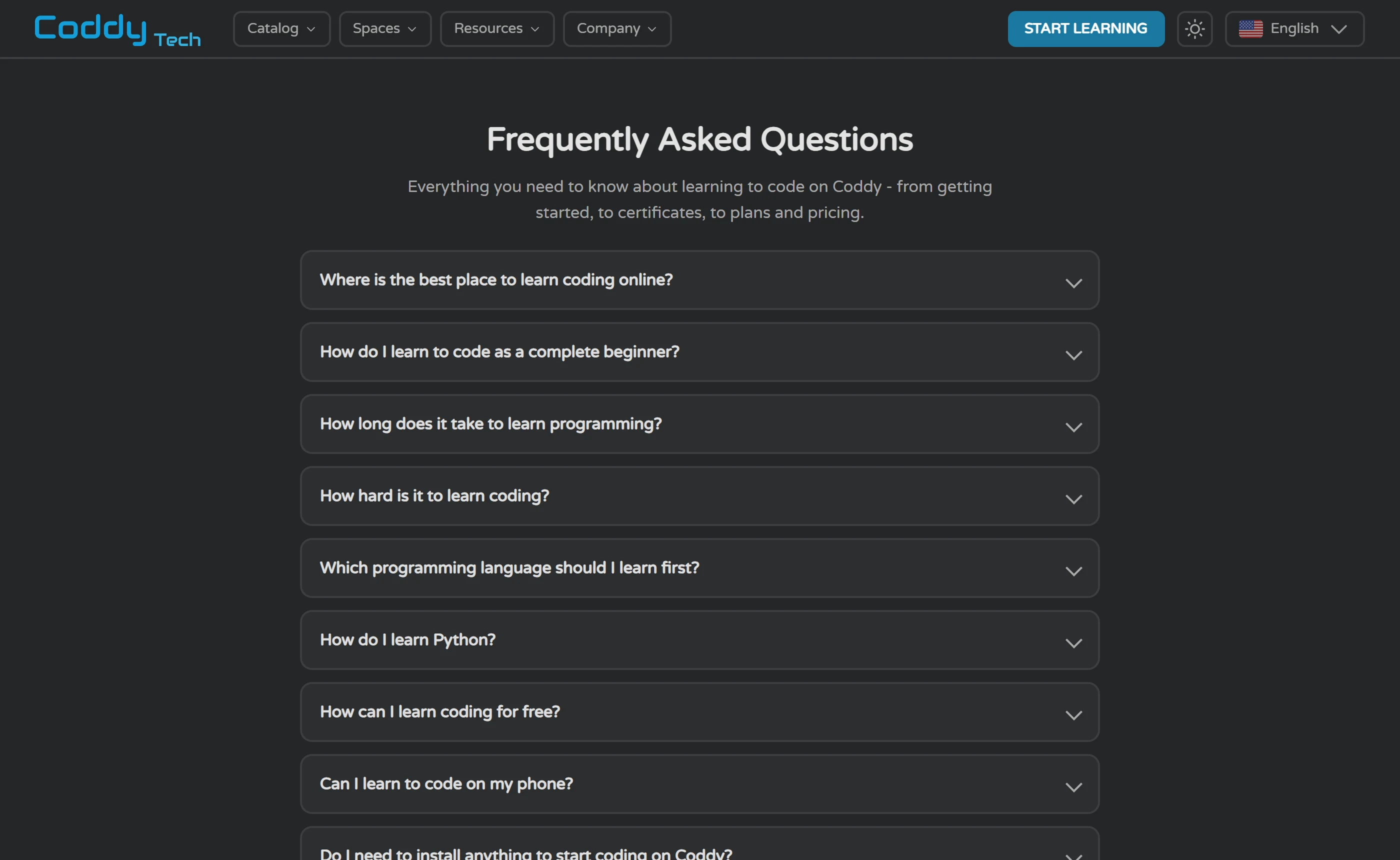 Coddy’s Frequently Asked Questions page with collapsed questions such as How can I learn coding for free and Can I learn to code on my phone.