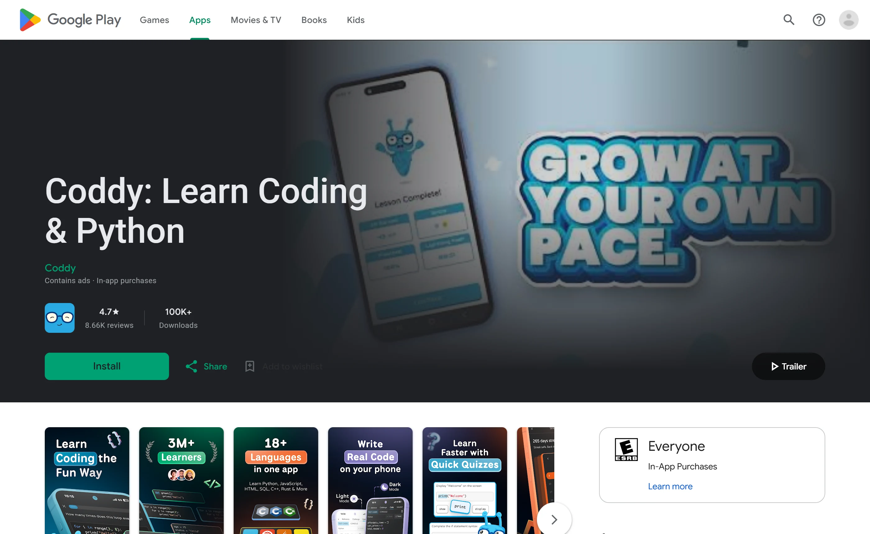 The Google Play listing for Coddy: Learn Coding & Python, marked Contains ads and In-app purchases, rated 4.7 from 8.66K reviews with 100K+ downloads.
