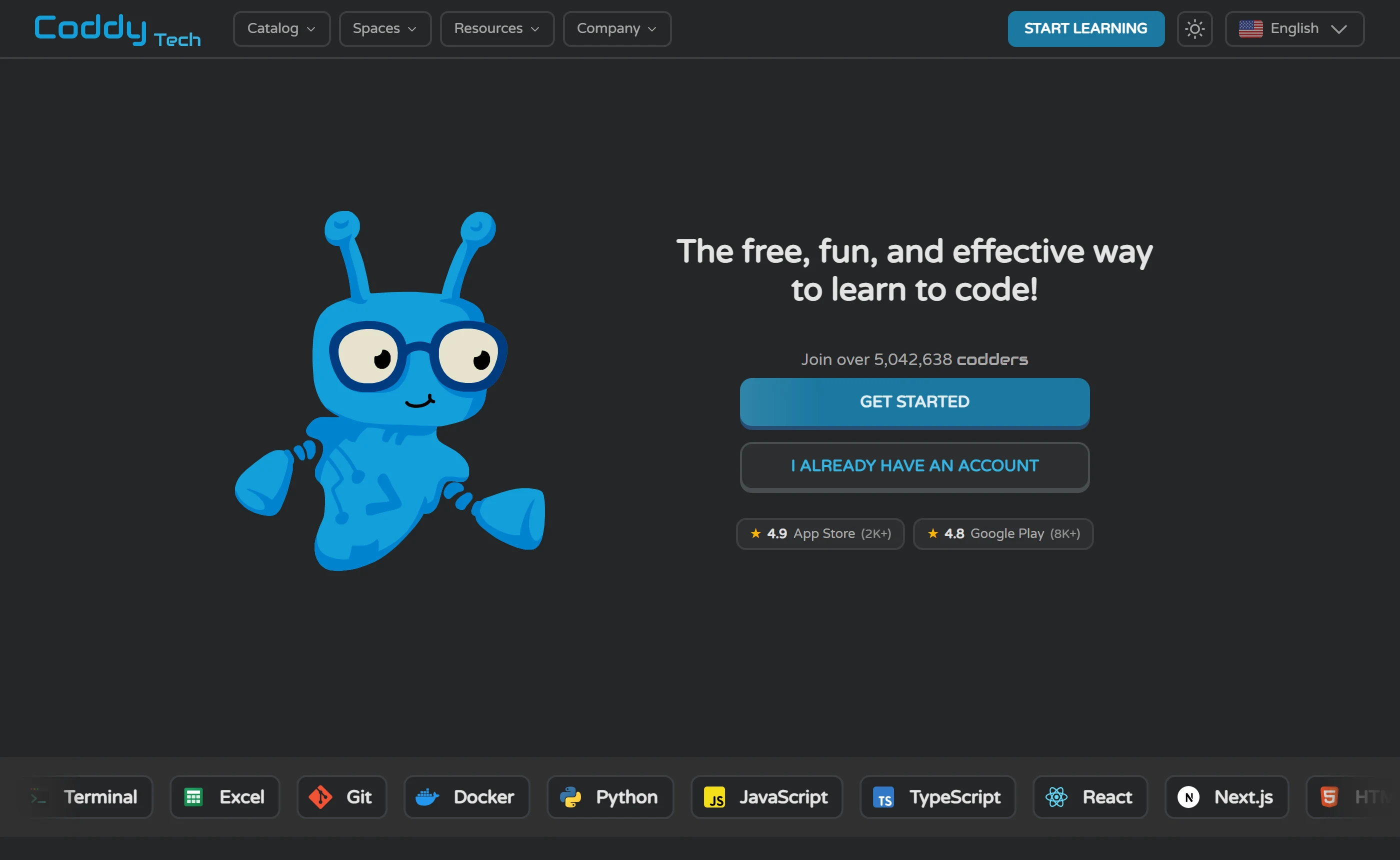 Coddy home page: a blue robot mascot beside the headline The free, fun, and effective way to learn to code, a counter reading Join over 5,042,638 codders, and badges showing 4.9 App Store and 4.8 Google Play.