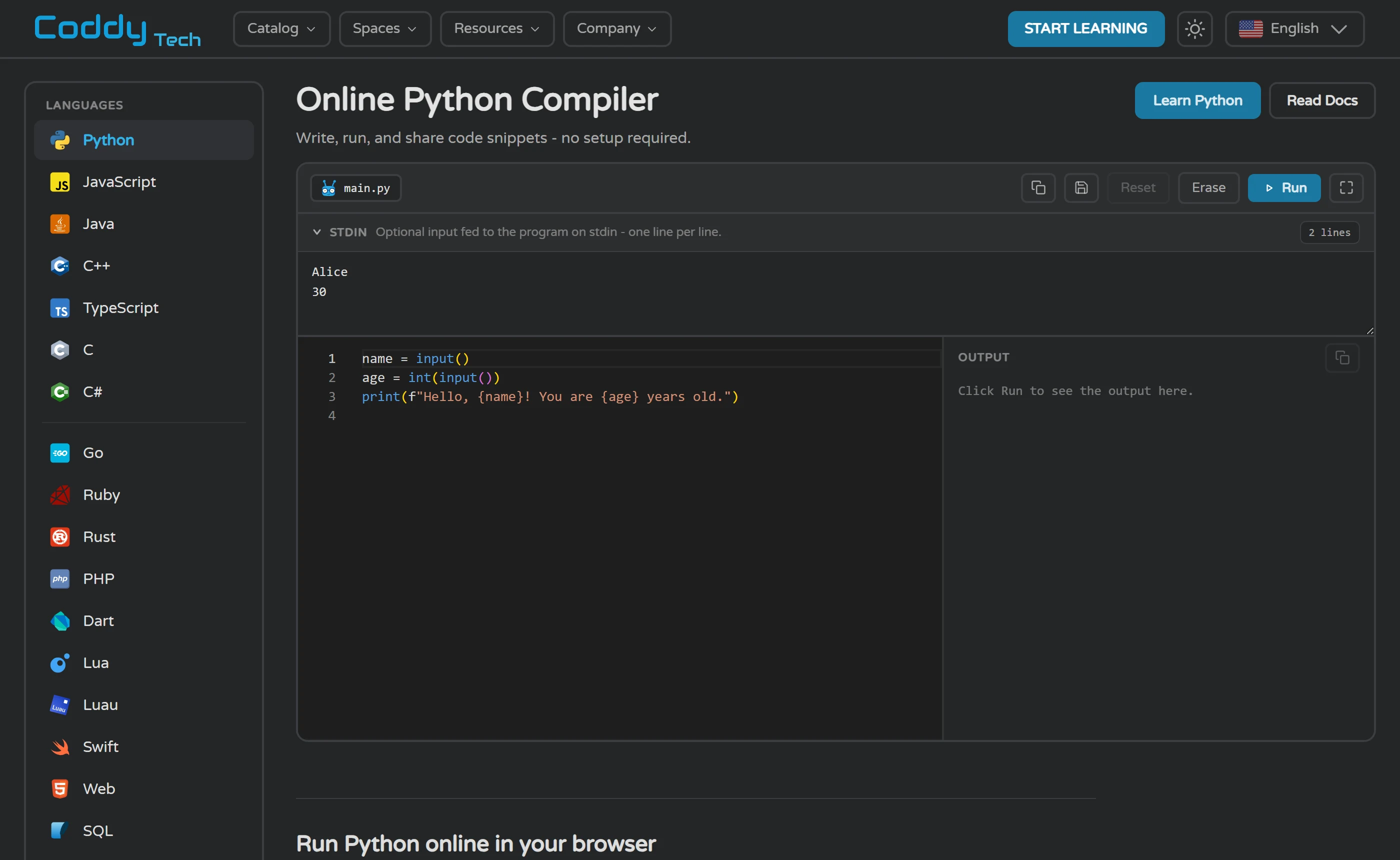 Coddy’s Online Python Compiler page: a language list on the left, a main.py editor with three lines of Python, a stdin box and an empty output panel.