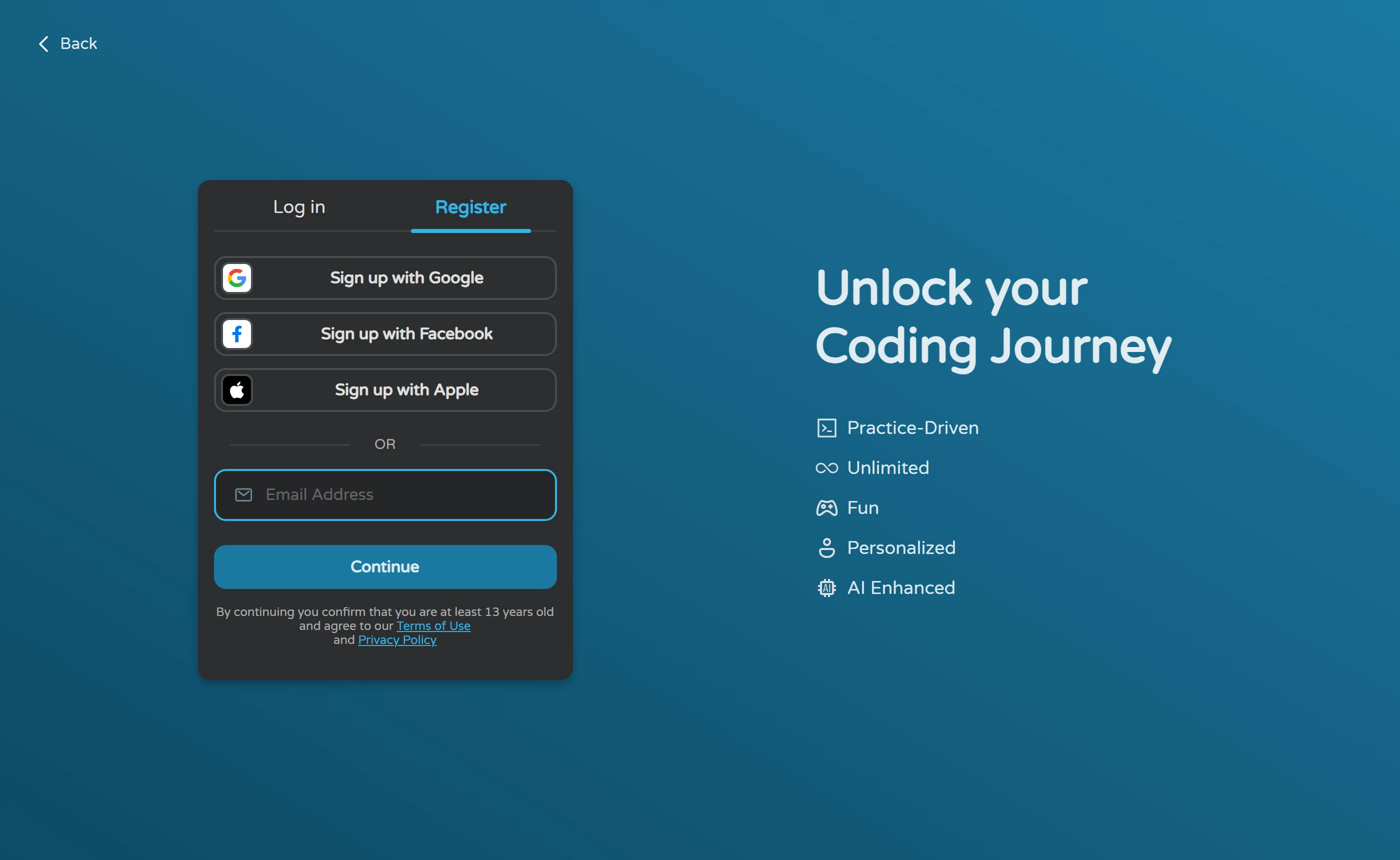 What coddy.tech/pricing shows a logged-out visitor: a Log in and Register box with Google, Facebook and Apple sign-up buttons under the heading Unlock your Coding Journey.
