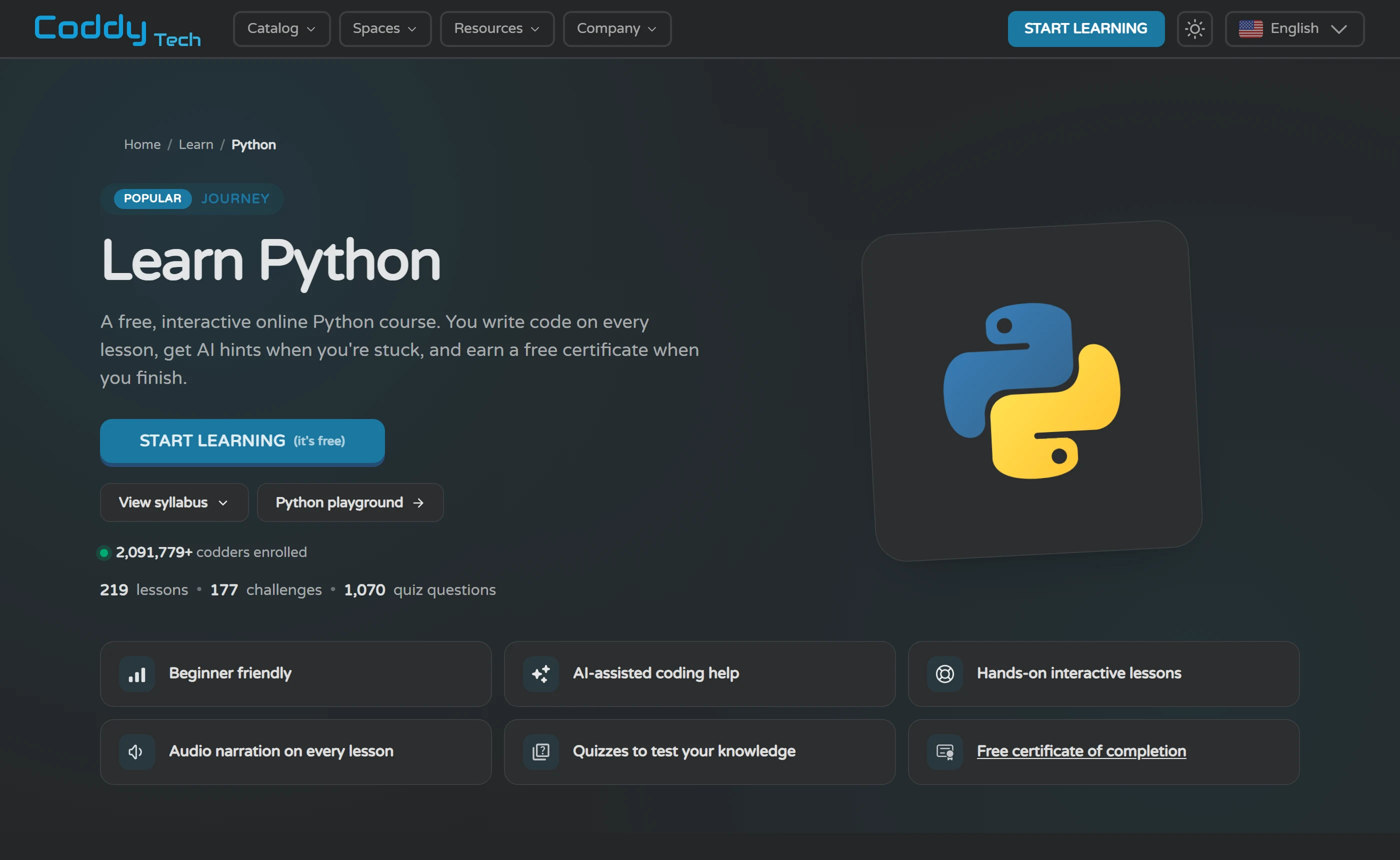 The Learn Python journey page: 219 lessons, 177 challenges, 1,070 quiz questions, 2,091,779+ codders enrolled, and tiles for AI-assisted coding help, audio narration, quizzes and a free certificate of completion.