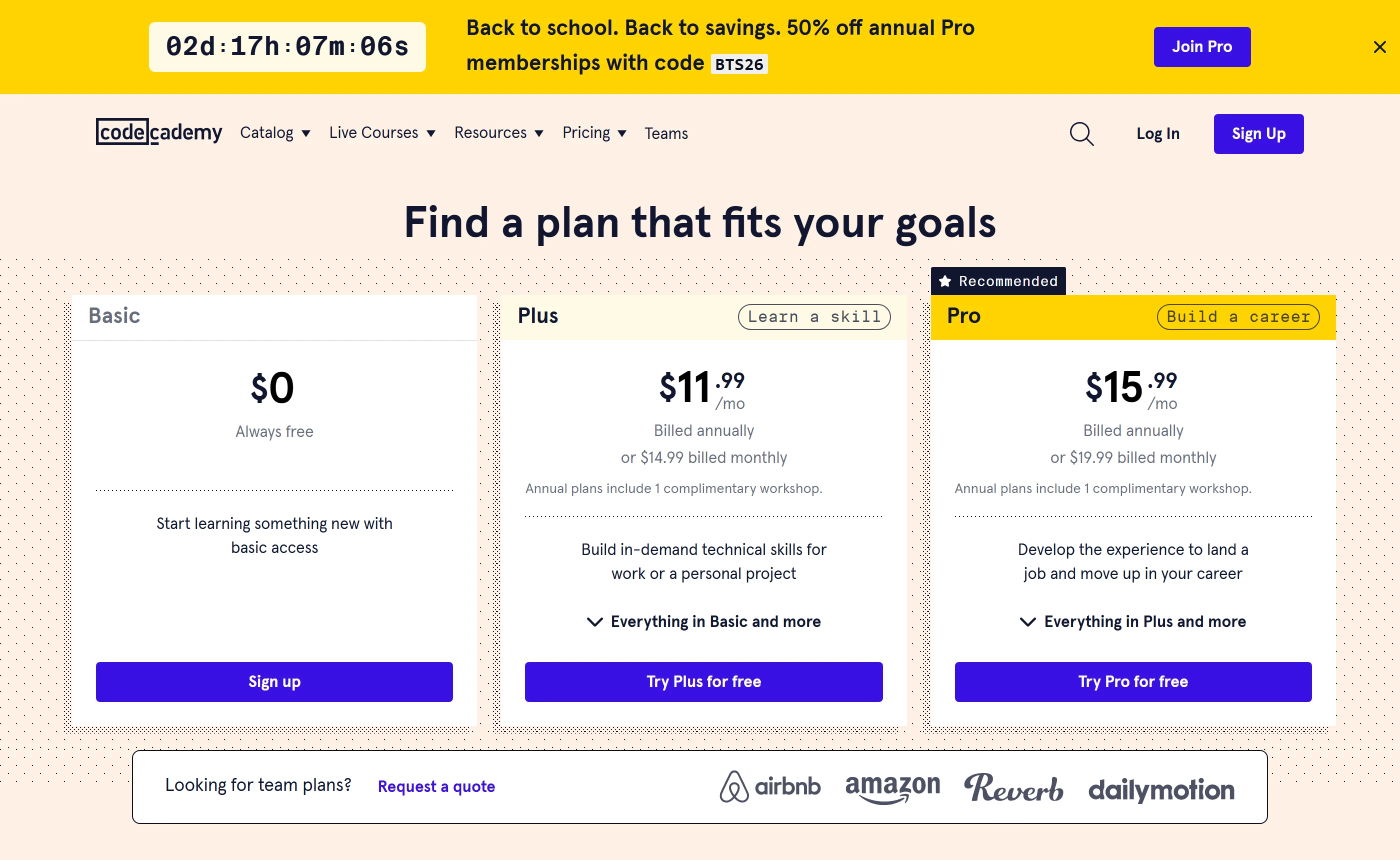 Codecademy’s pricing page showing Basic at $0, Plus at $11.99 a month billed annually or $14.99 monthly, and Pro at $15.99 a month billed annually or $19.99 monthly, under a countdown banner advertising 50% off annual Pro.