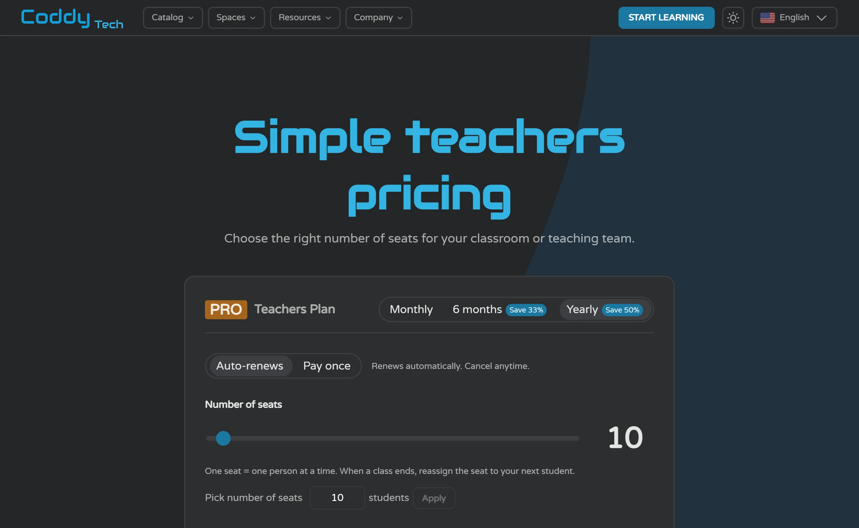 Coddy’s teachers pricing page: a PRO Teachers Plan card with Monthly, 6 months and Yearly toggles, an Auto-renews or Pay once switch, and a seat slider set to 10 seats.