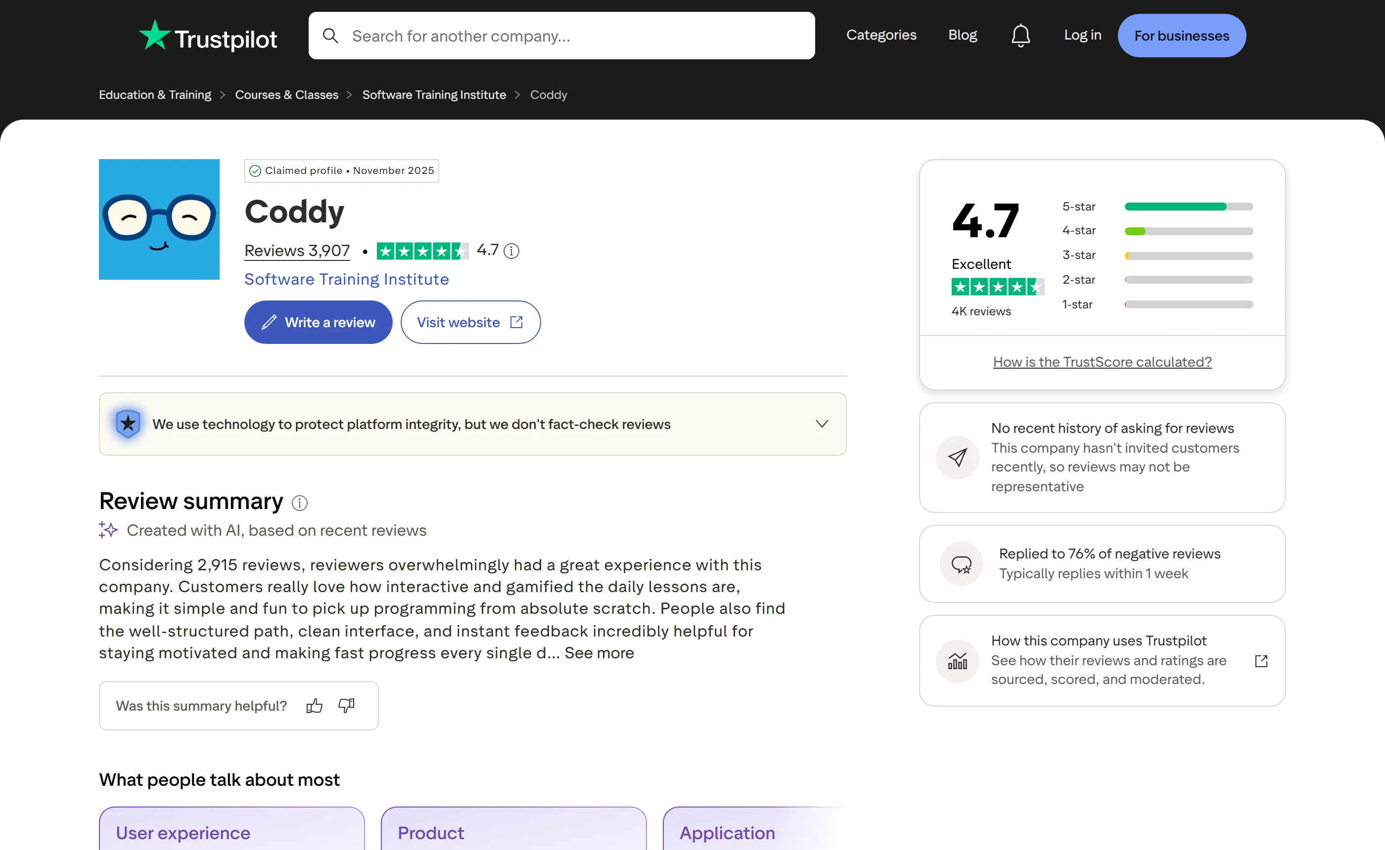 Coddy’s Trustpilot profile: 4.7 from 3,907 reviews, a claimed profile since November 2025, a note that the company has no recent history of asking for reviews, and a 76% reply rate to negative reviews.