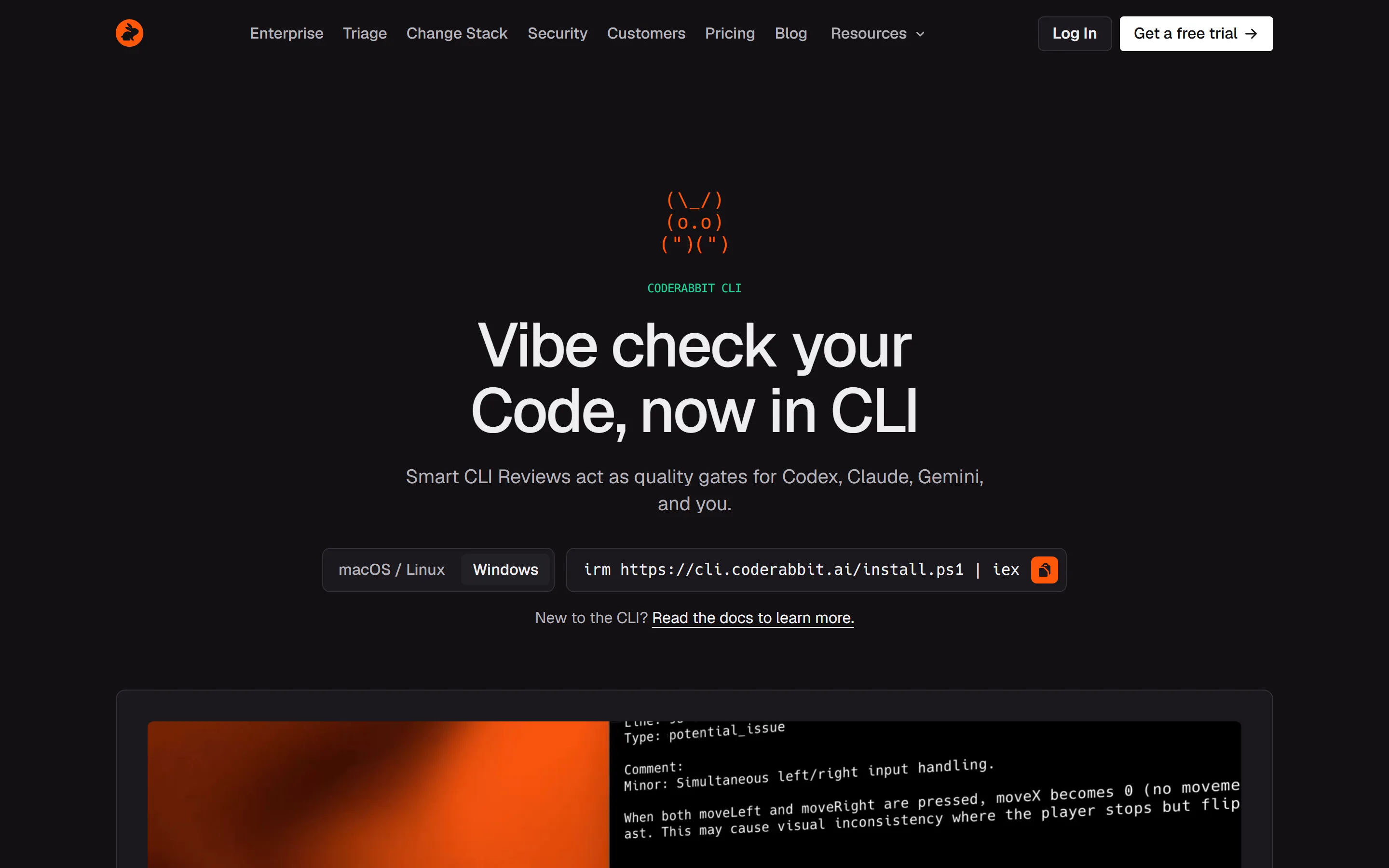 CodeRabbit CLI page with ASCII rabbit art, the headline “Vibe check your Code, now in CLI”, the line “Smart CLI Reviews act as quality gates for Codex, Claude, Gemini, and you.”, and an install switcher set to Windows showing irm https://cli.coderabbit.ai/install.ps1 | iex