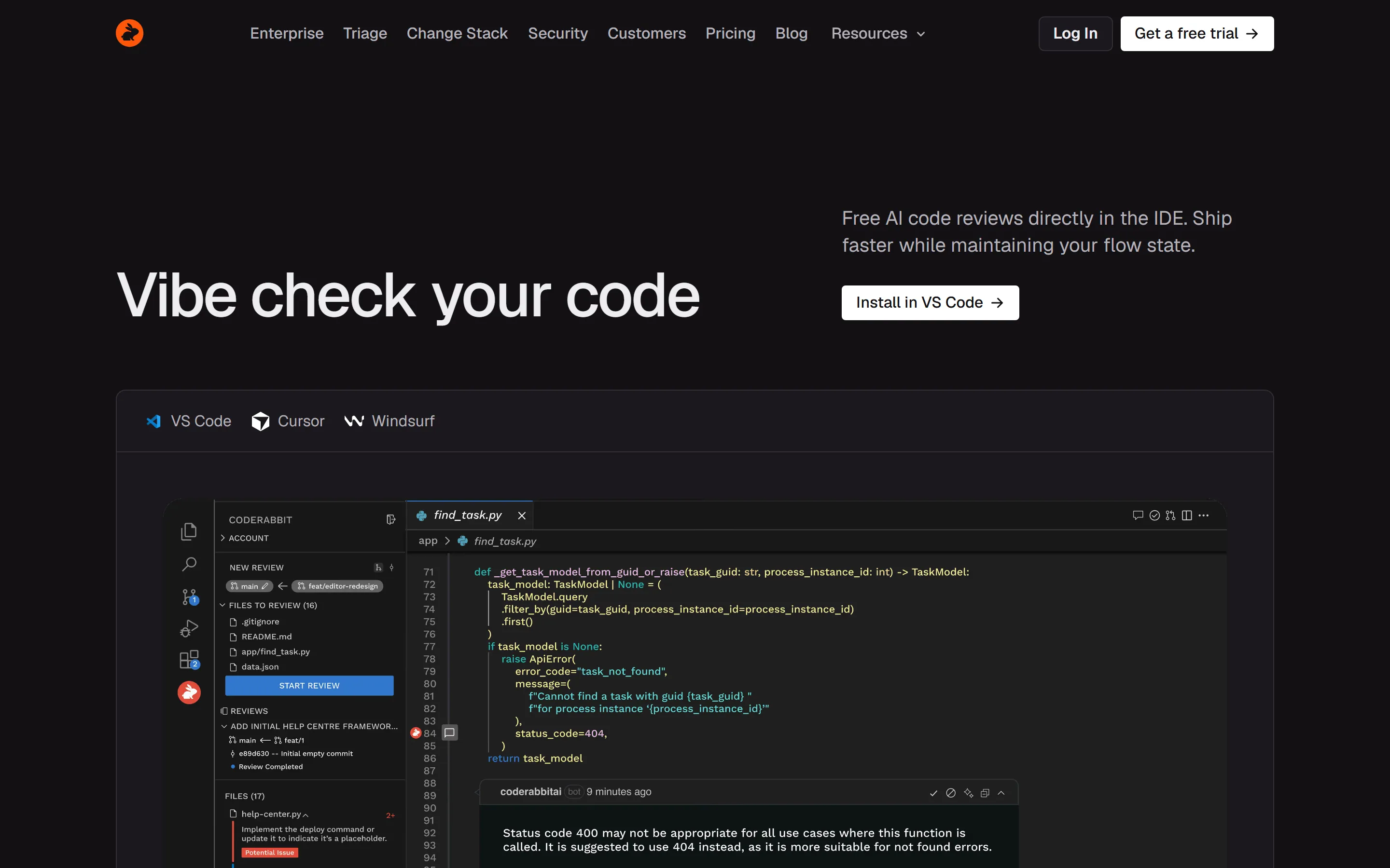 CodeRabbit IDE page with the headline “Vibe check your code”, the line “Free AI code reviews directly in the IDE.”, an Install in VS Code button, tabs for VS Code, Cursor and Windsurf, and a mock VS Code window showing the CodeRabbit review sidebar and an inline coderabbitai comment suggesting status code 404 instead of 400