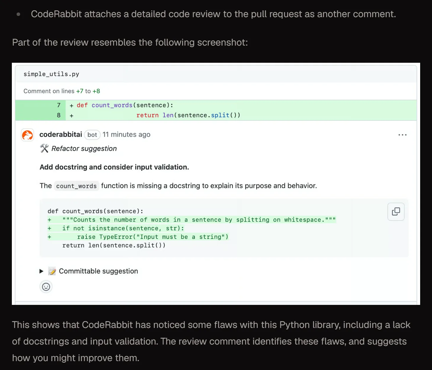 Example CodeRabbit review comment from the vendor’s Code Review guide: on lines 7 to 8 of simple_utils.py, the coderabbitai bot posts a Refactor suggestion, “Add docstring and consider input validation.”, explains that count_words has no docstring, and offers a diff adding a docstring and an isinstance check as a committable suggestion