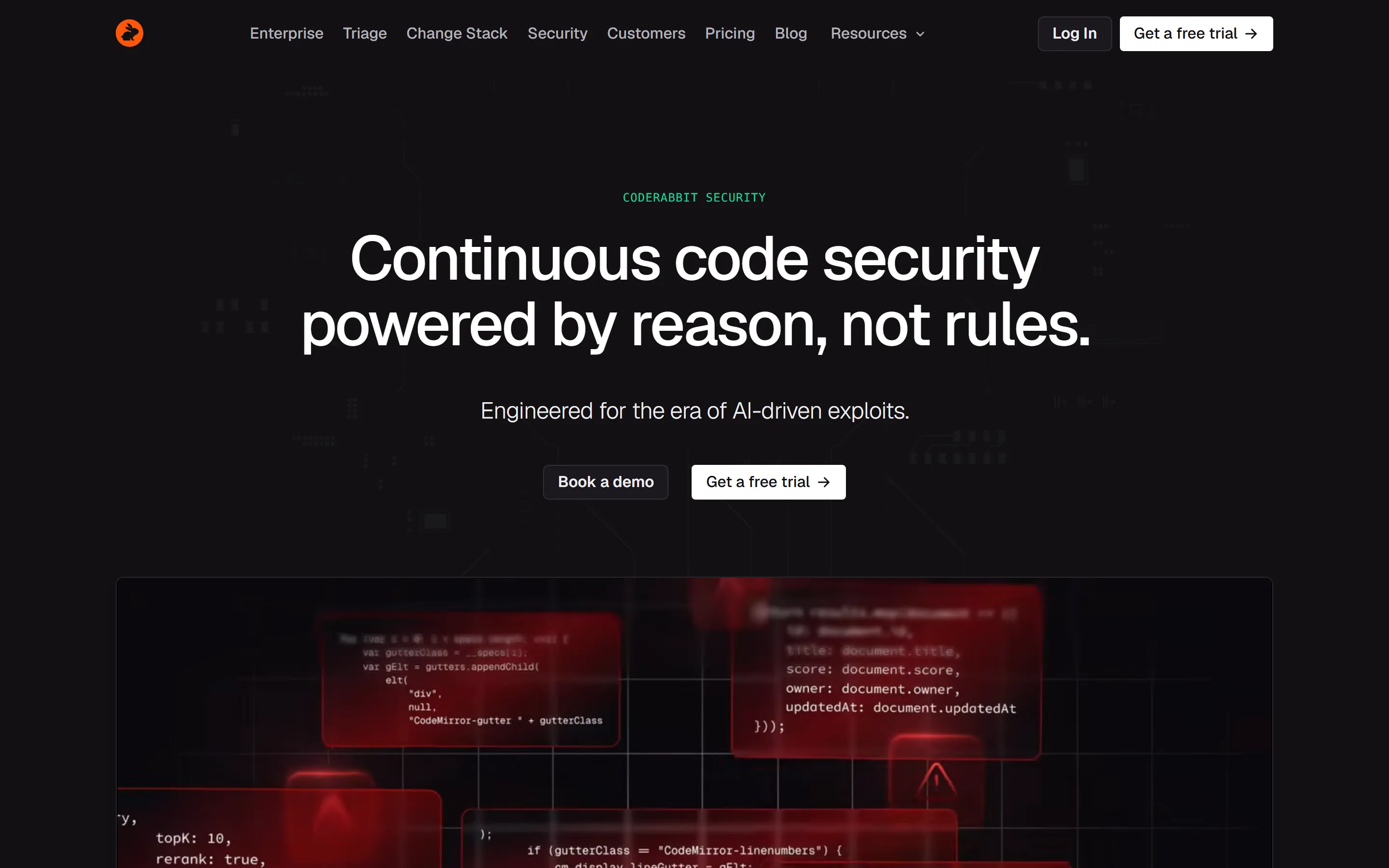 CodeRabbit Security page with the eyebrow “CodeRabbit Security”, the headline “Continuous code security powered by reason, not rules.”, the line “Engineered for the era of AI-driven exploits.”, Book a demo and Get a free trial buttons, and the top of a red code-panel illustration with warning icons