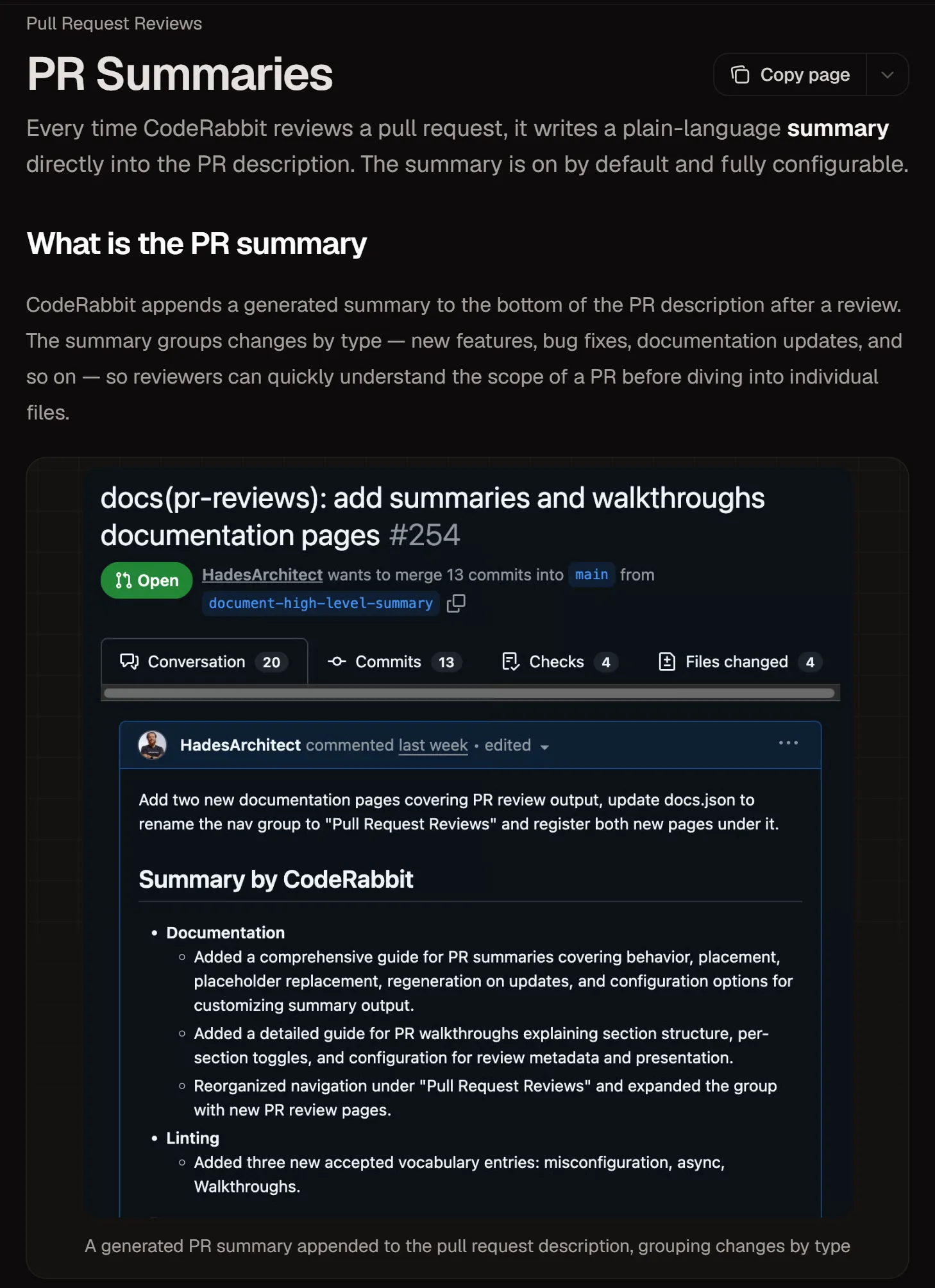 CodeRabbit docs page “PR Summaries” with the vendor’s example of a GitHub pull request, “docs(pr-reviews): add summaries and walkthroughs documentation pages #254”, whose description ends in a “Summary by CodeRabbit” block listing Documentation and Linting changes