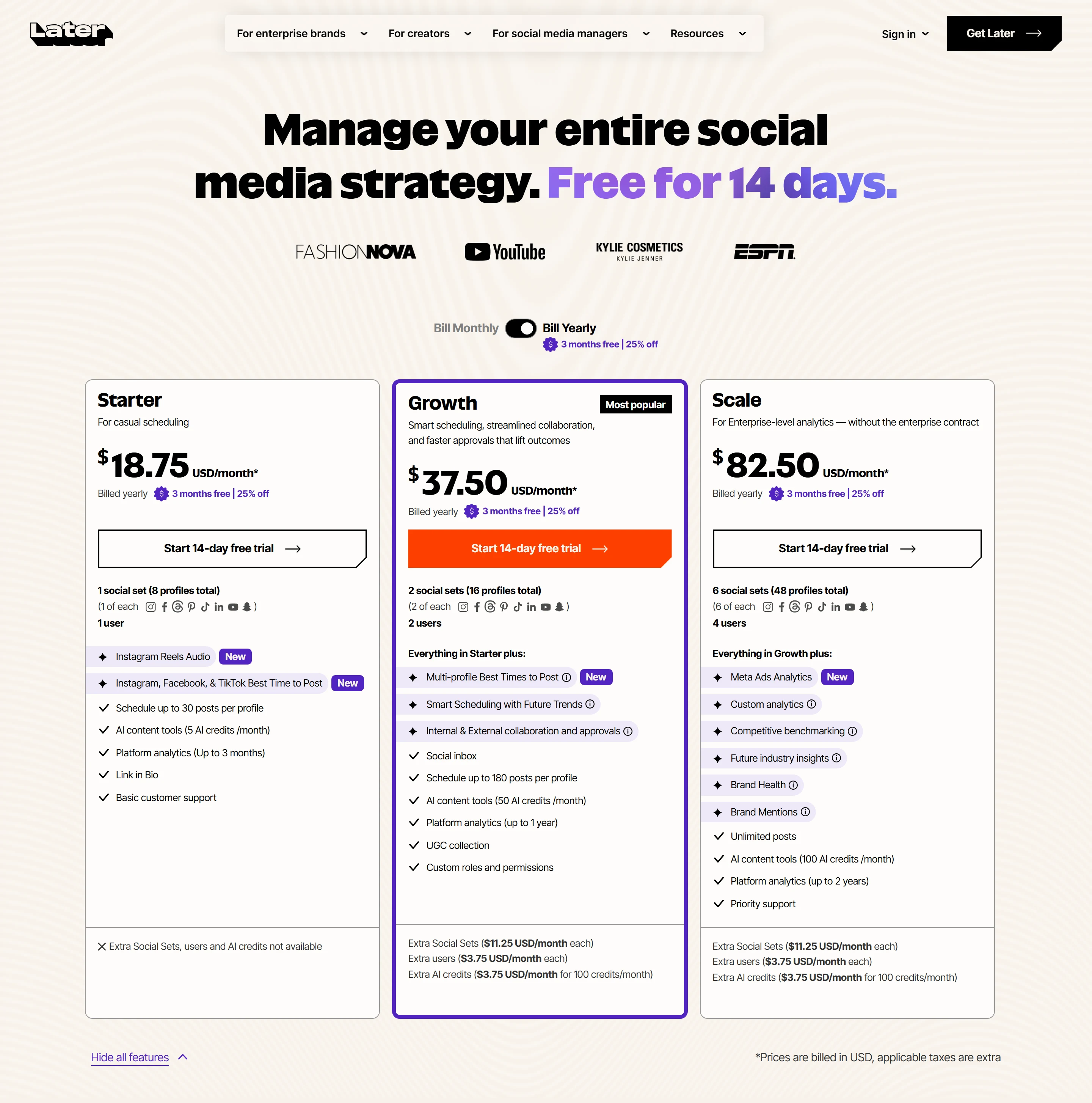 Later pricing page with Bill Yearly selected and the badge “3 months free | 25% off” under the headline “Manage your entire social media strategy. Free for 14 days.” and a strip of Fashion Nova, YouTube, Kylie Cosmetics and ESPN logos: Starter $18.75, Growth (Most popular) $37.50 and Scale $82.50 USD/month billed yearly, with 1, 2 and 6 social sets (8, 16 and 48 profiles) and 1, 2 and 4 users, each card’s Start 14-day free trial button, feature list and add-on line, and the note “*Prices are billed in USD, applicable taxes are extra”
