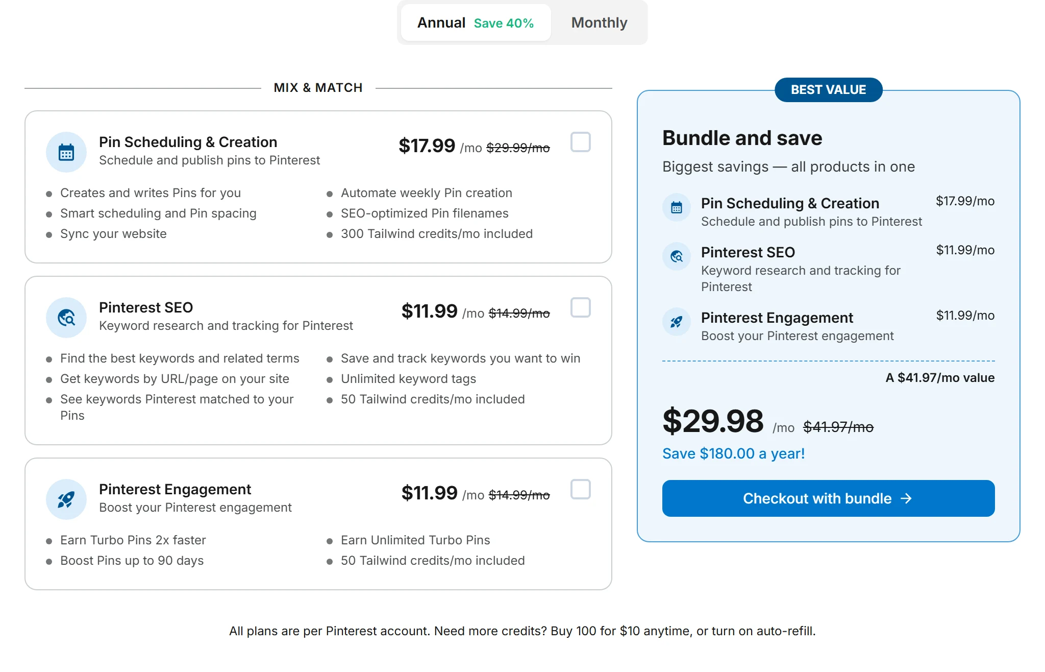 Tailwind pricing on Annual: Pin Scheduling & Creation $17.99/mo (struck $29.99/mo), Pinterest SEO and Pinterest Engagement $11.99/mo each, and the Bundle at $29.98/mo, above the line All plans are per Pinterest account.